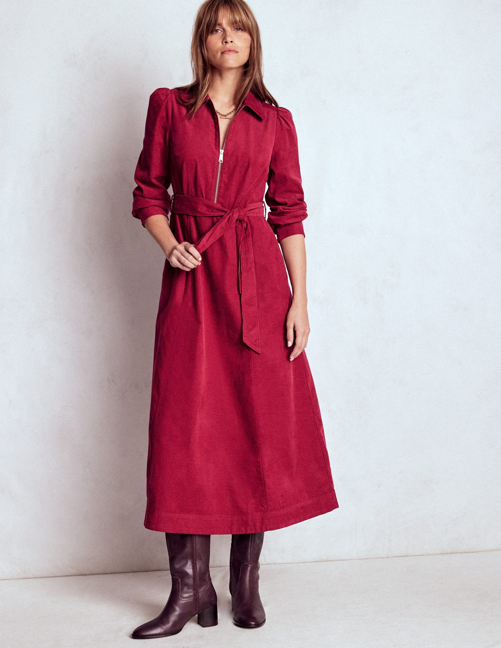 Adelaide Zip Cord Midi Dress-Burgundy Red-4