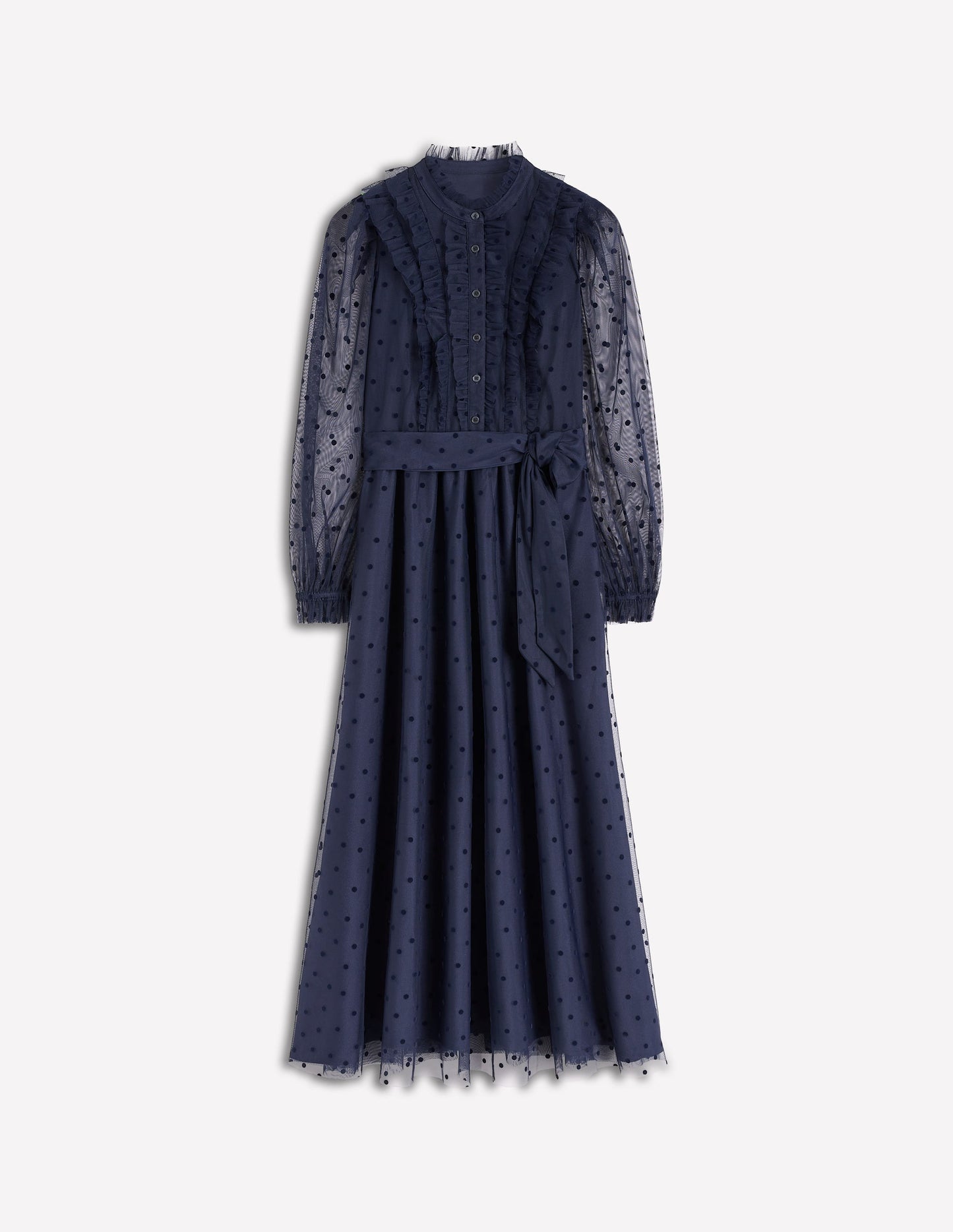 Robe longue volantée en tulle-Bleu marine