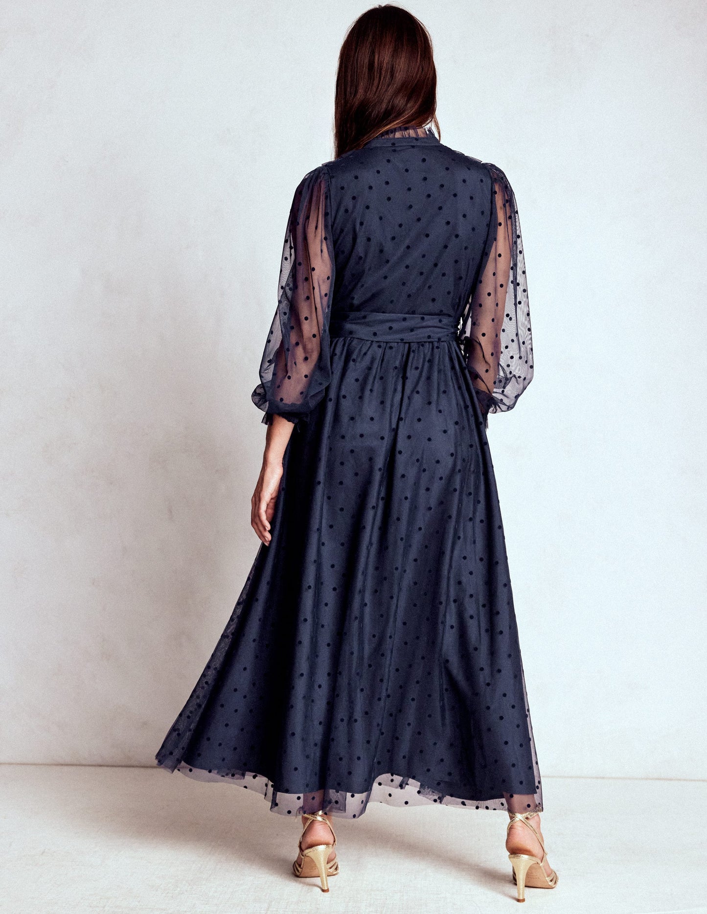Robe longue volantée en tulle-Bleu marine