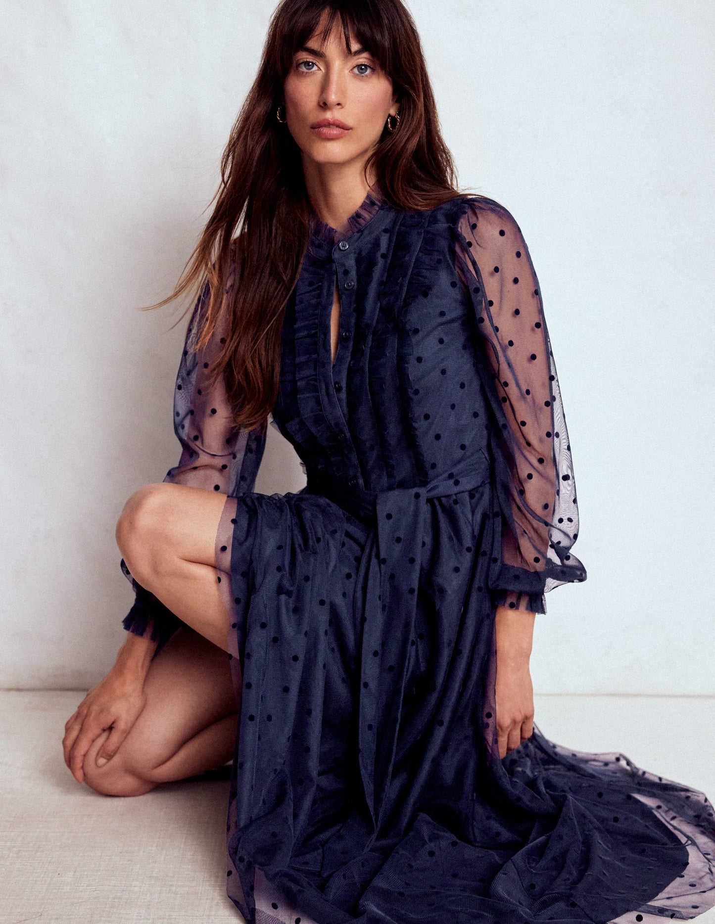Robe longue volantée en tulle-Bleu marine