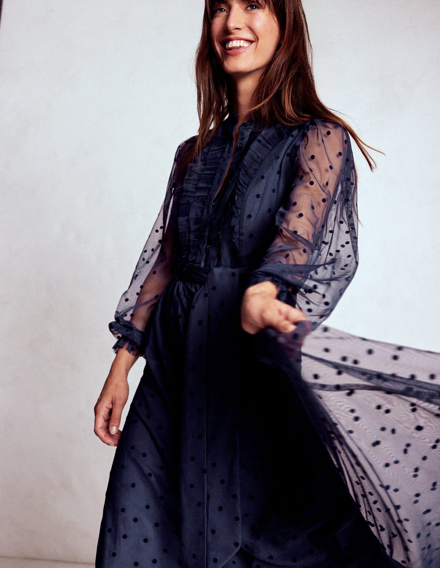Robe longue volantée en tulle-Bleu marine