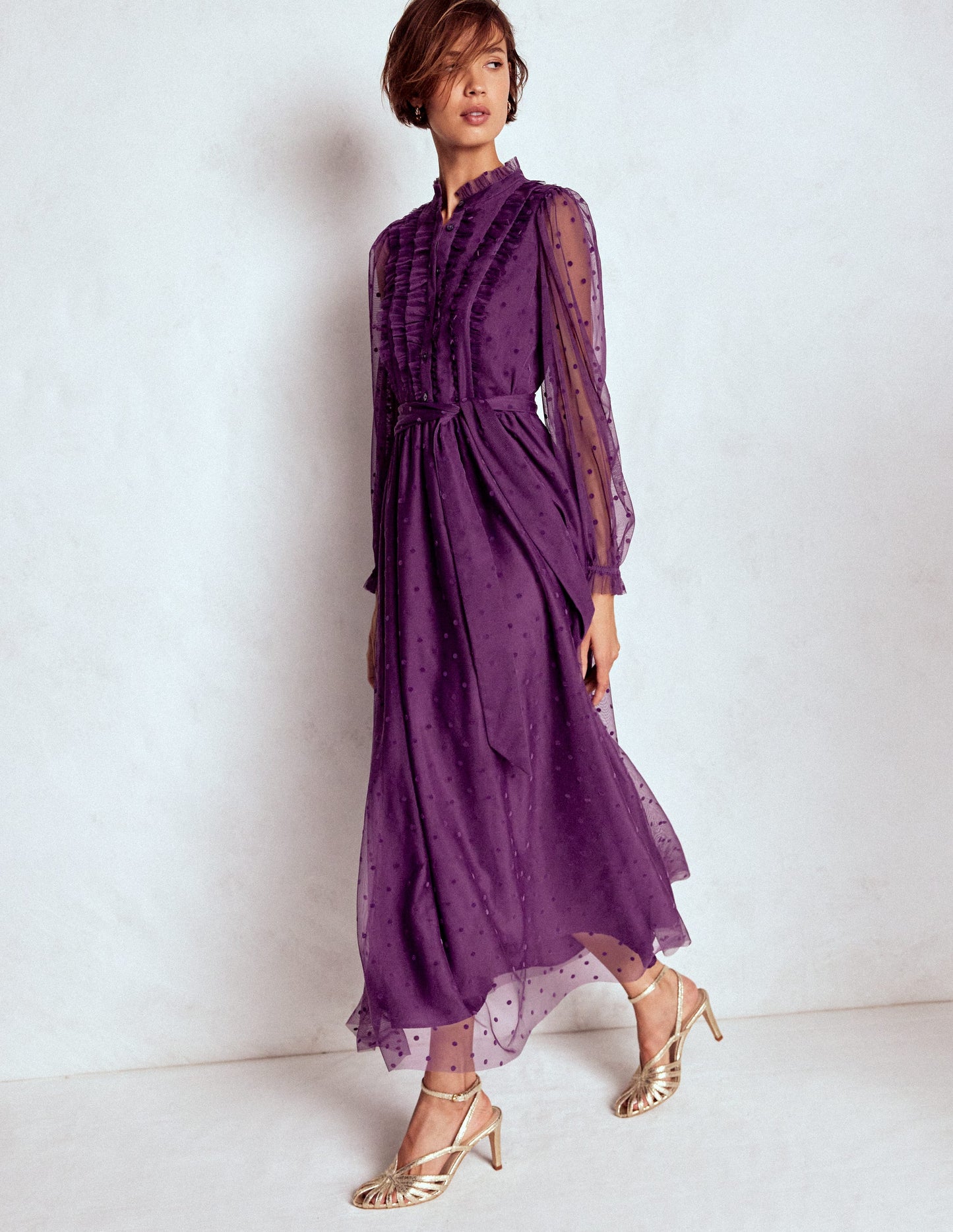 Robe longue volantée en tulle-Violet viola