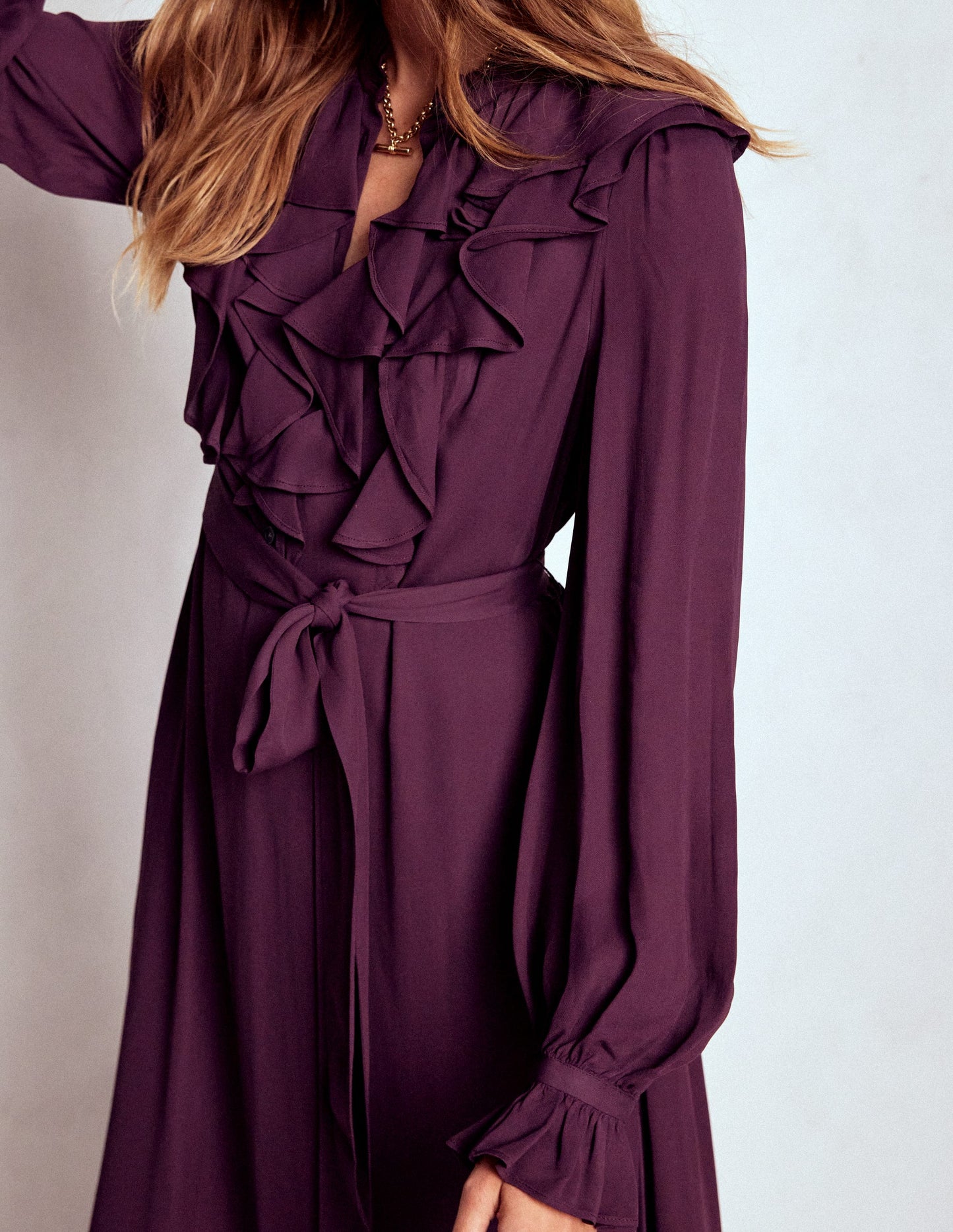Robe-chemise volantée sur le devant-Cerise foncée