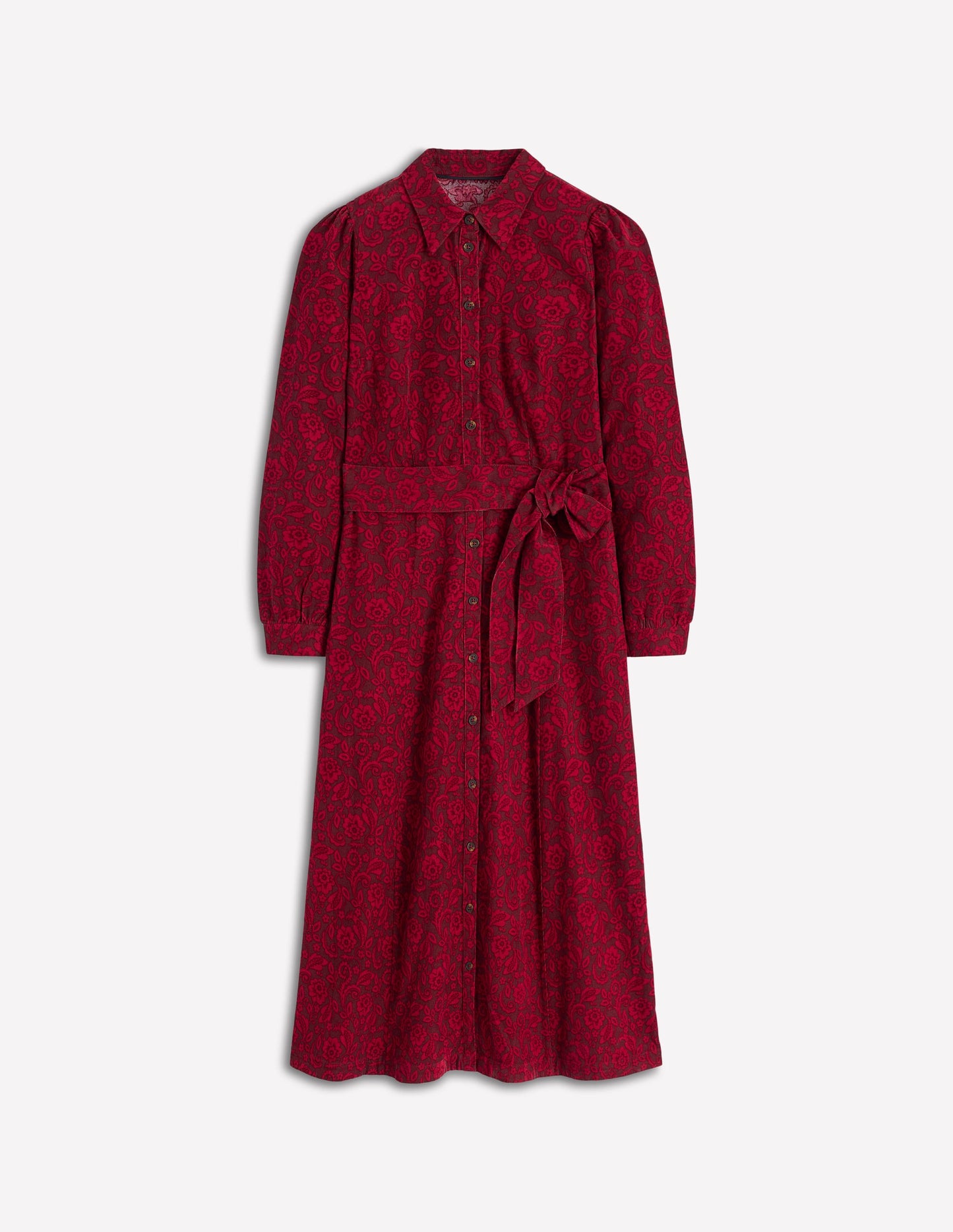 Clara Midikleid aus Cord-Rotes Lakritz, Blumenornament