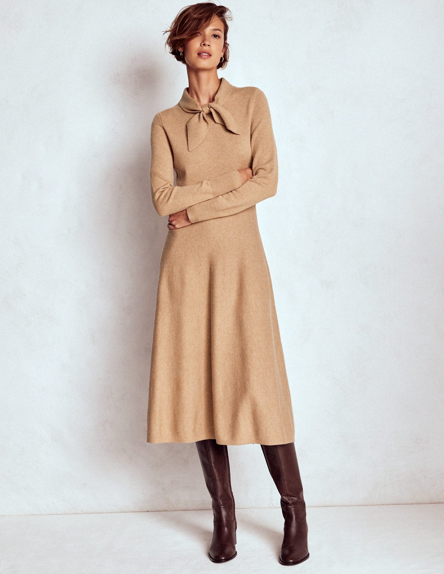 Strickkleid mit Schleife-Camel Meliert