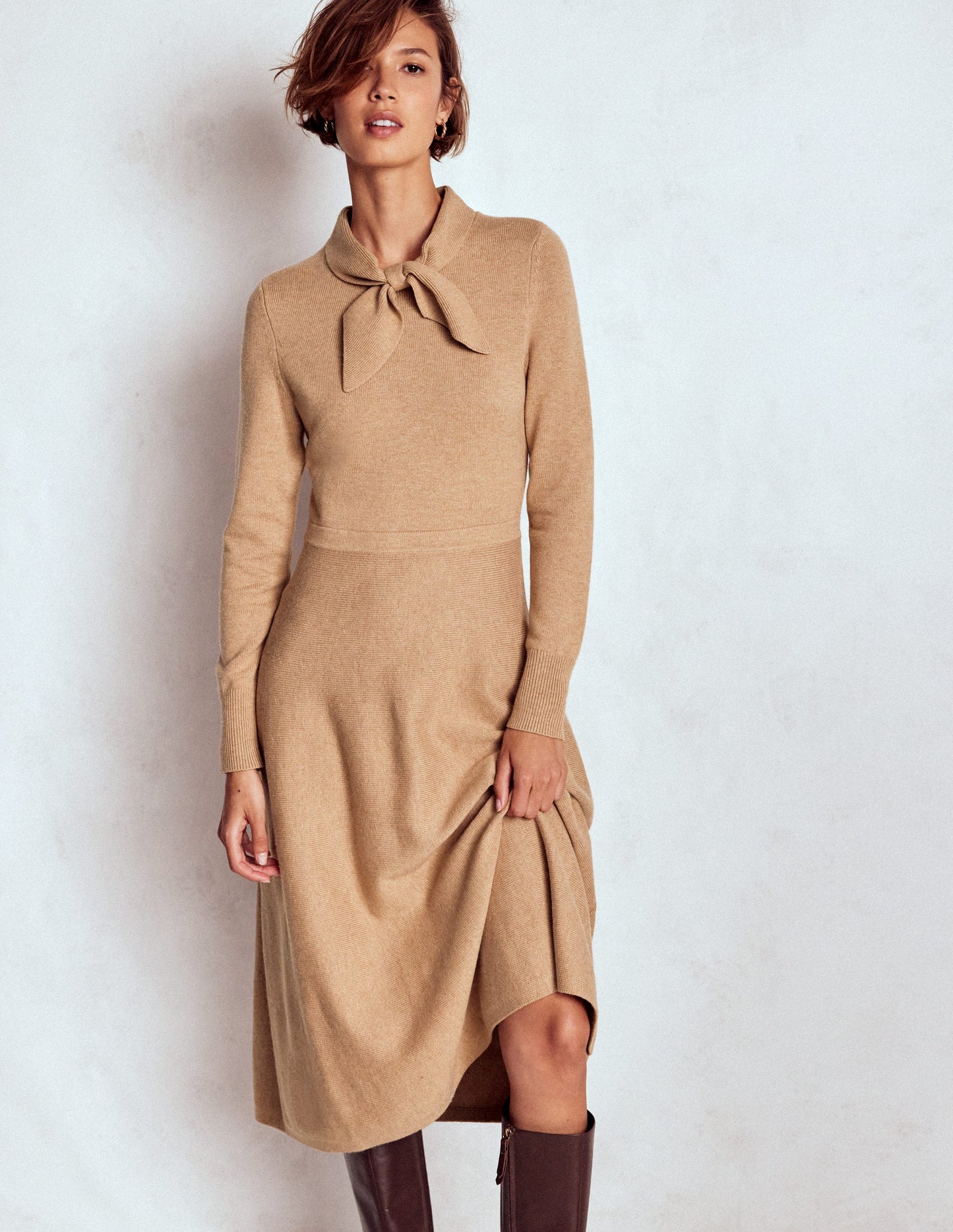 Strickkleid mit Schleife-Camel Meliert