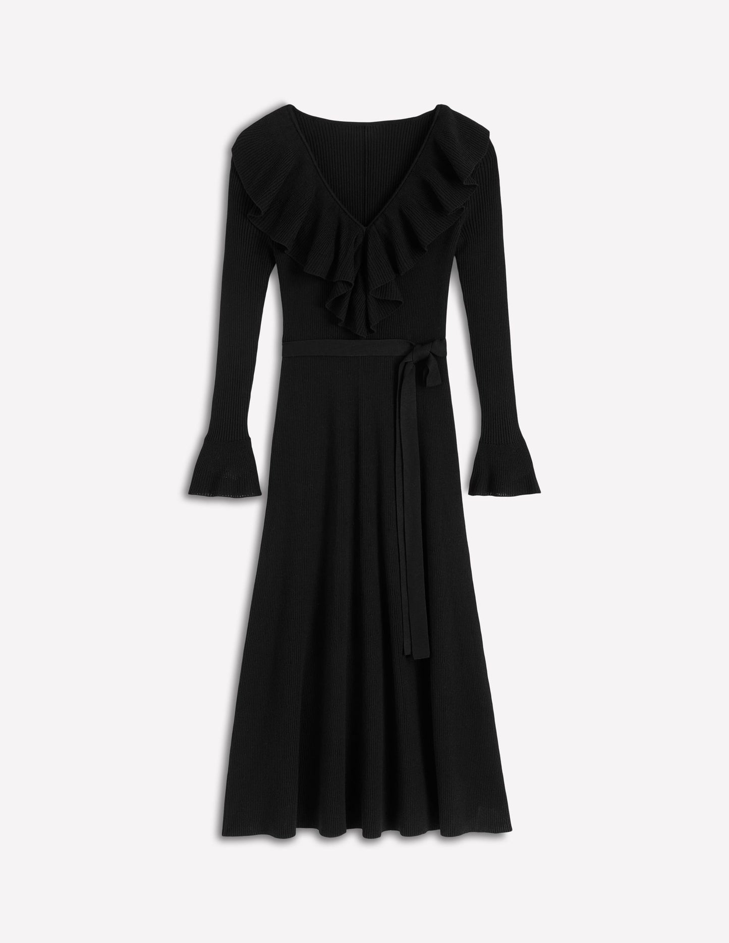 Robe côtelée à col tunisien et volants-Noir