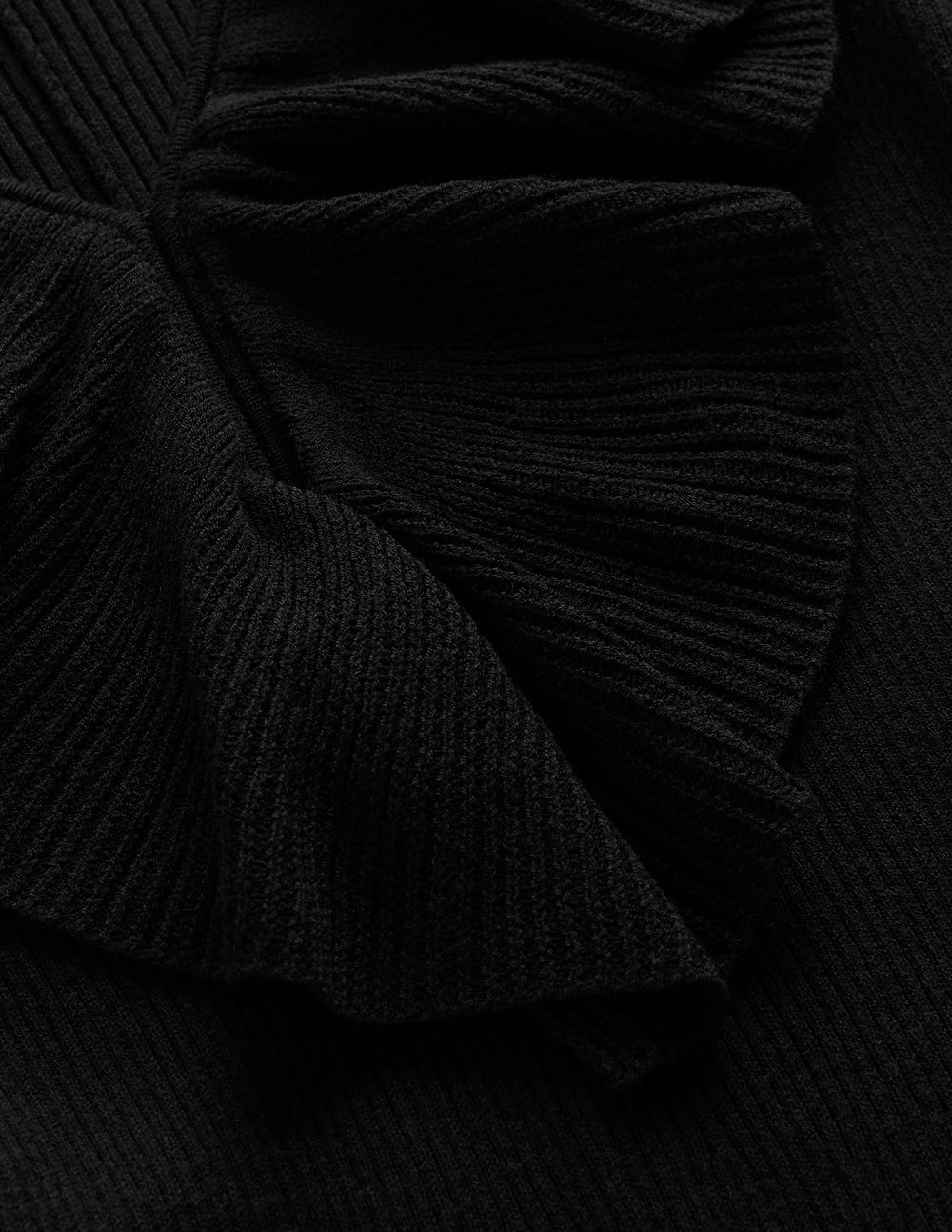 Robe côtelée à col tunisien et volants-Noir