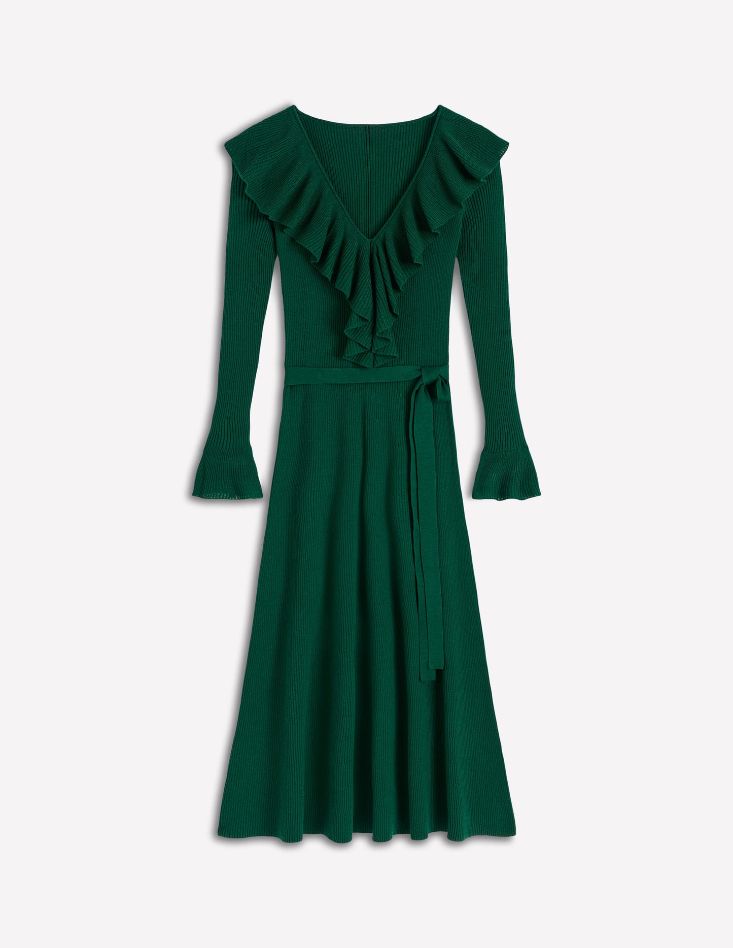 Robe côtelée à col tunisien et volants-Émeraude nocturne