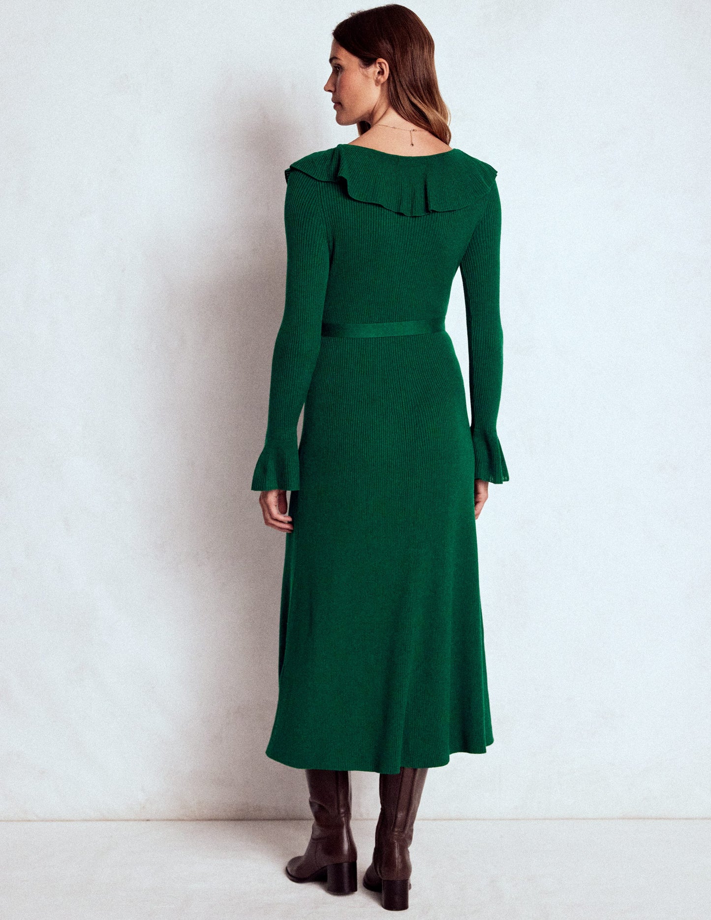 Robe côtelée à col tunisien et volants-Émeraude nocturne