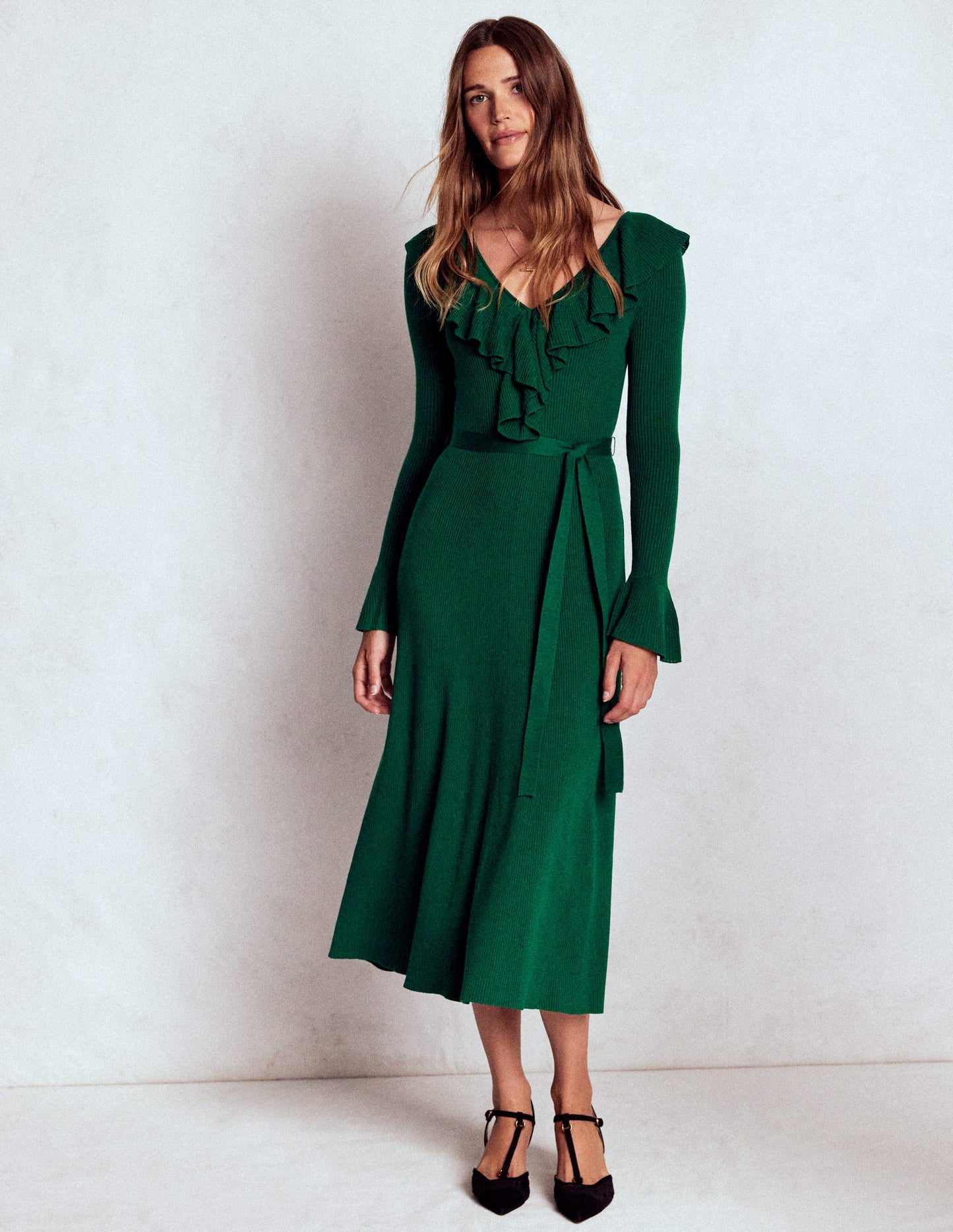 Robe côtelée à col tunisien et volants-Émeraude nocturne