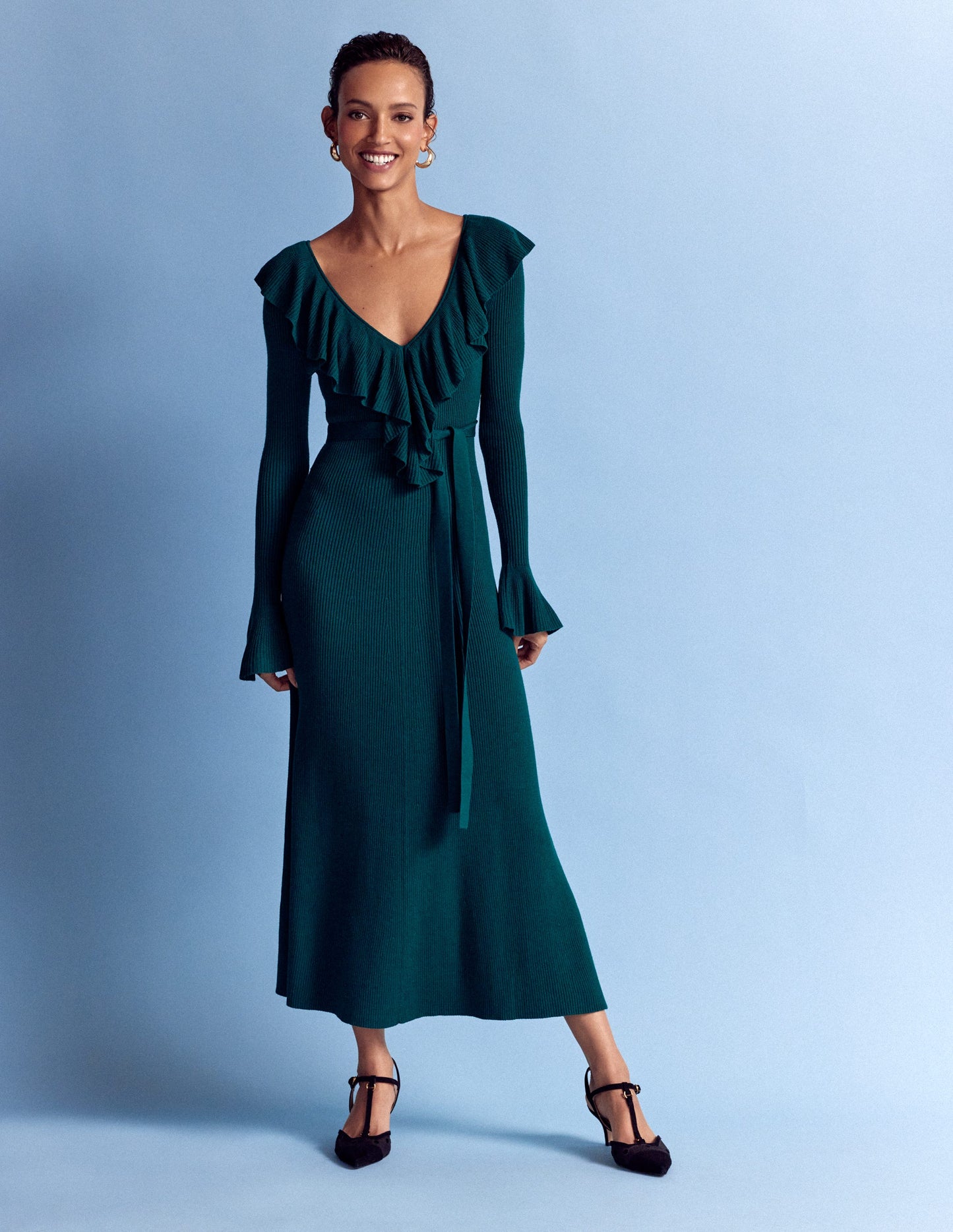 Robe côtelée à col tunisien et volants-Émeraude nocturne