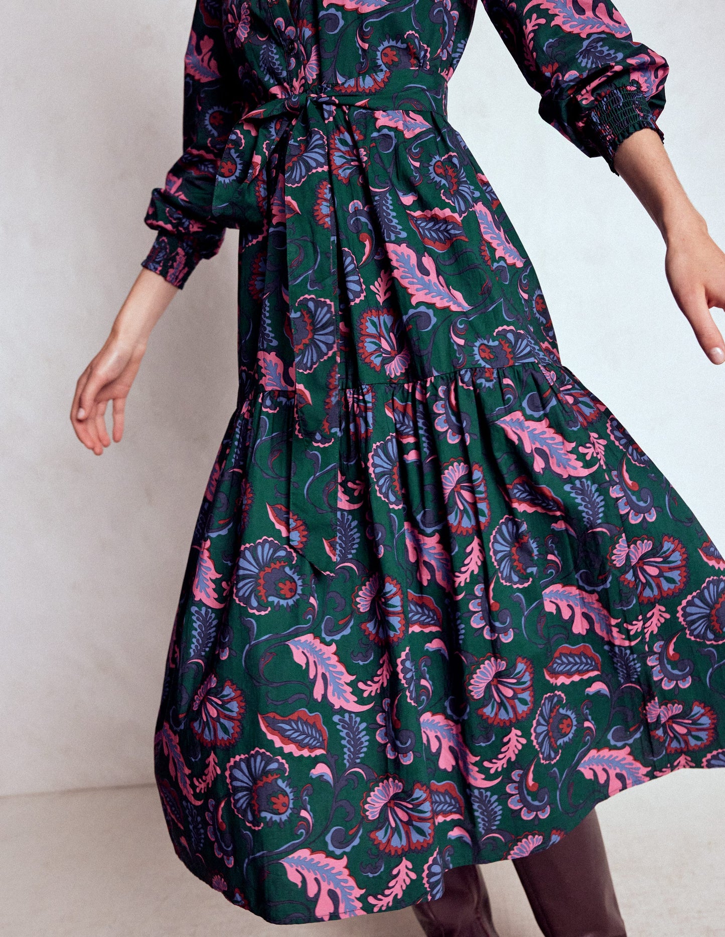 Cecily Baumwoll-Midikleid-Dunkles Smaragdgrün, Wiesenornament
