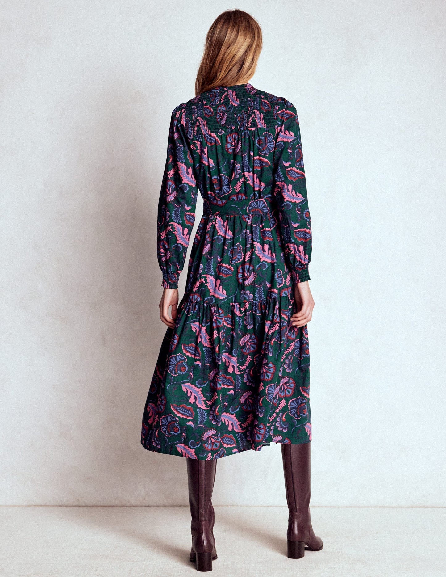 Cecily Baumwoll-Midikleid-Dunkles Smaragdgrün, Wiesenornament