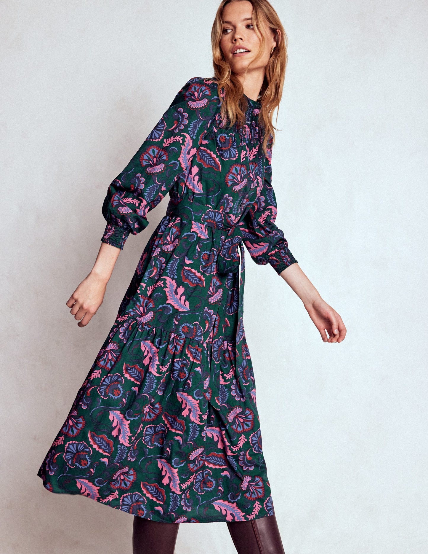 Cecily Cotton Midi Dress-Emerald Night, Ornate Meadow