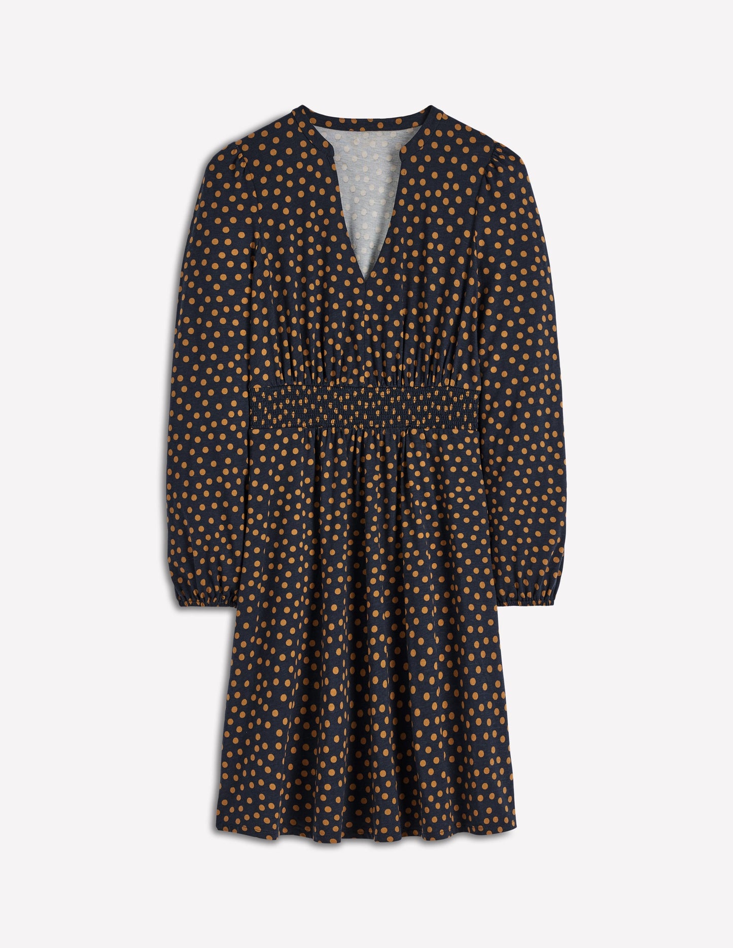 Sarah Kurzes Jerseykleid-Französisches Marineblau, Dijon-Punkte