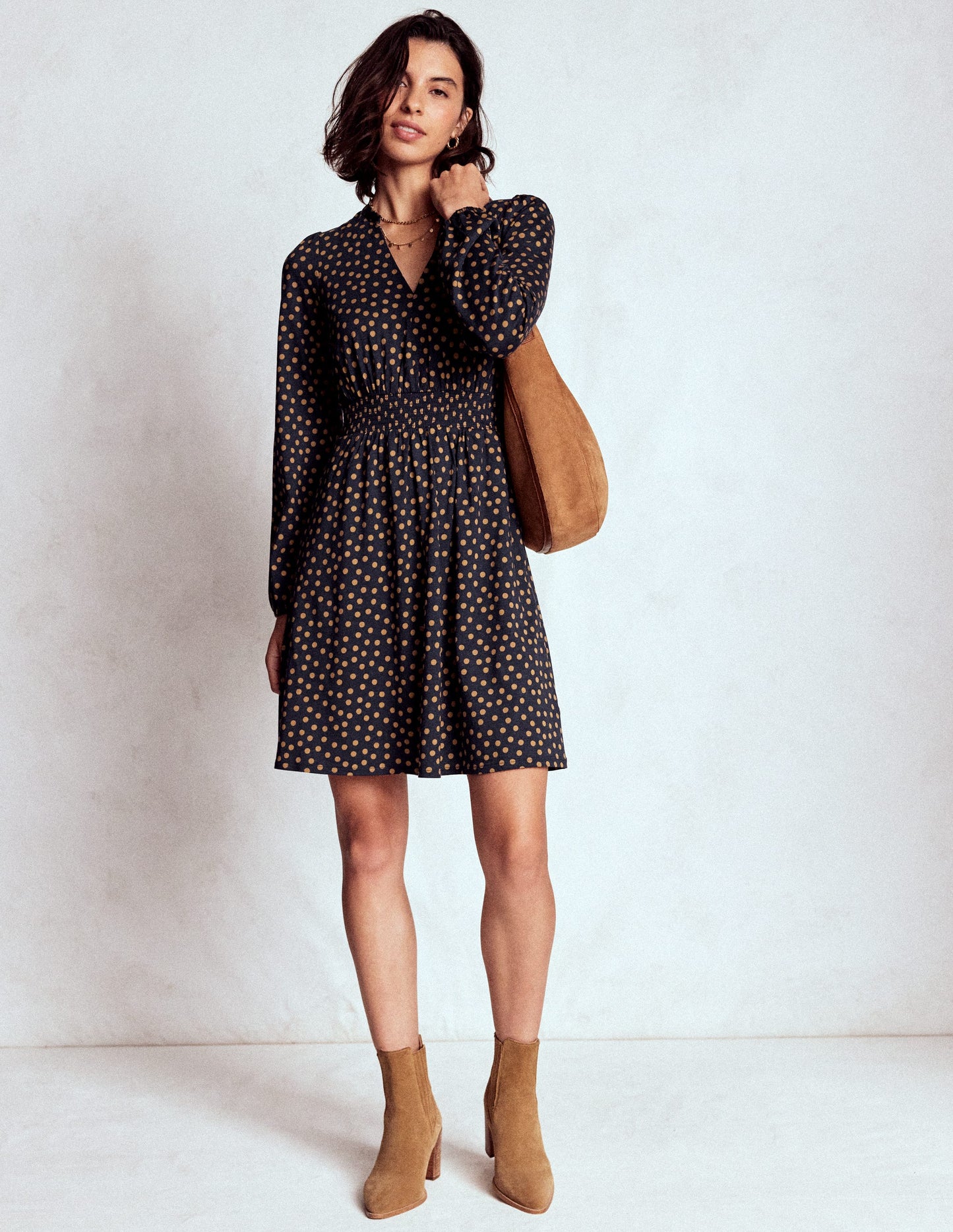 Sarah Kurzes Jerseykleid-Französisches Marineblau, Dijon-Punkte