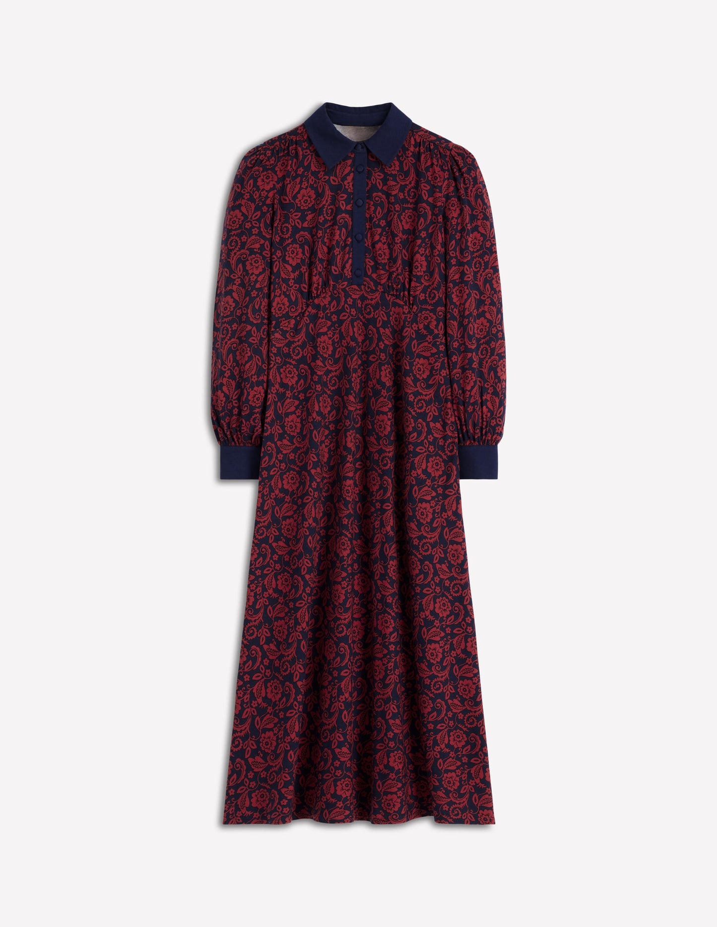 Hemdblusenkleid mit Empire-Taille-Rot, Blumenornamente