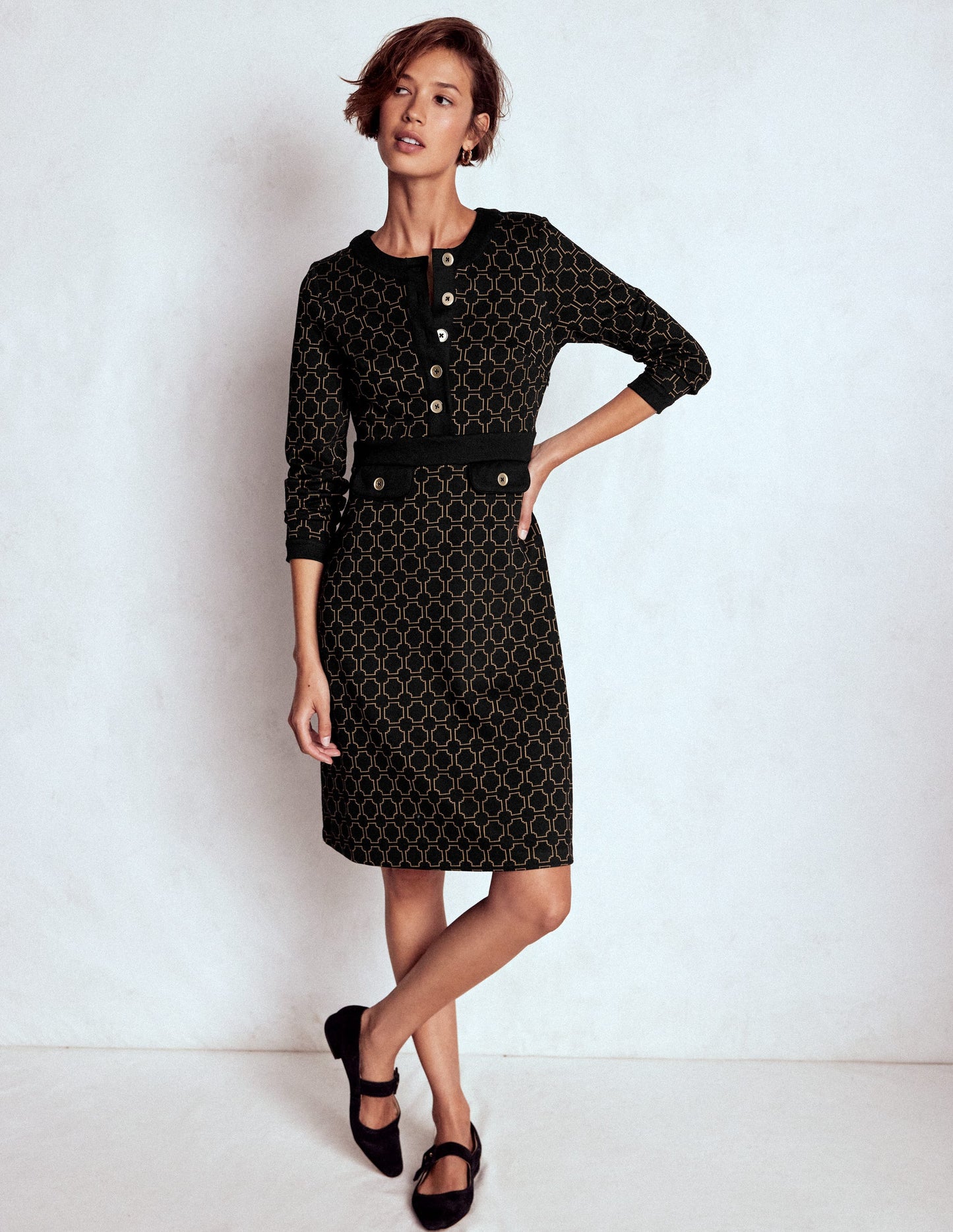 Lavinia Etuikleid mit Knöpfen-Schwarz/Camel-Jacquard