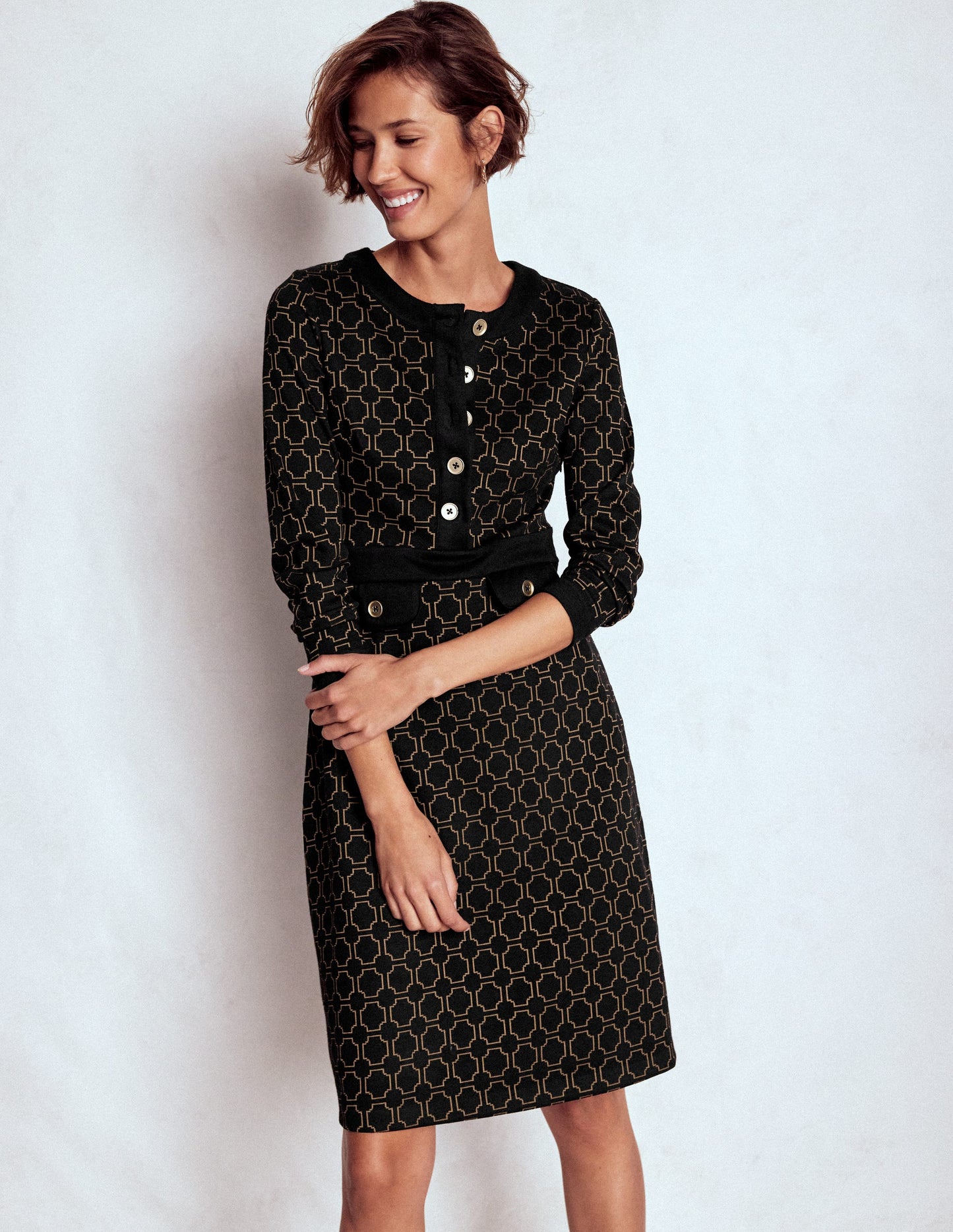 Lavinia Etuikleid mit Knöpfen-Schwarz/Camel-Jacquard