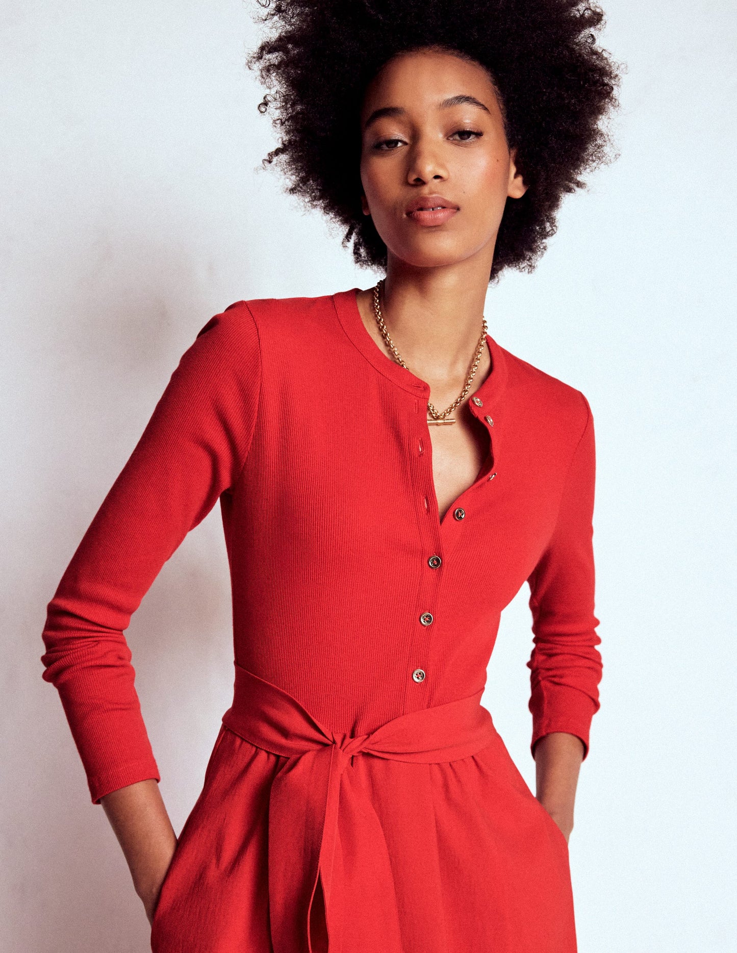 Kleid aus Rippstrick-Mix mit Knopfleiste-Purpurrot