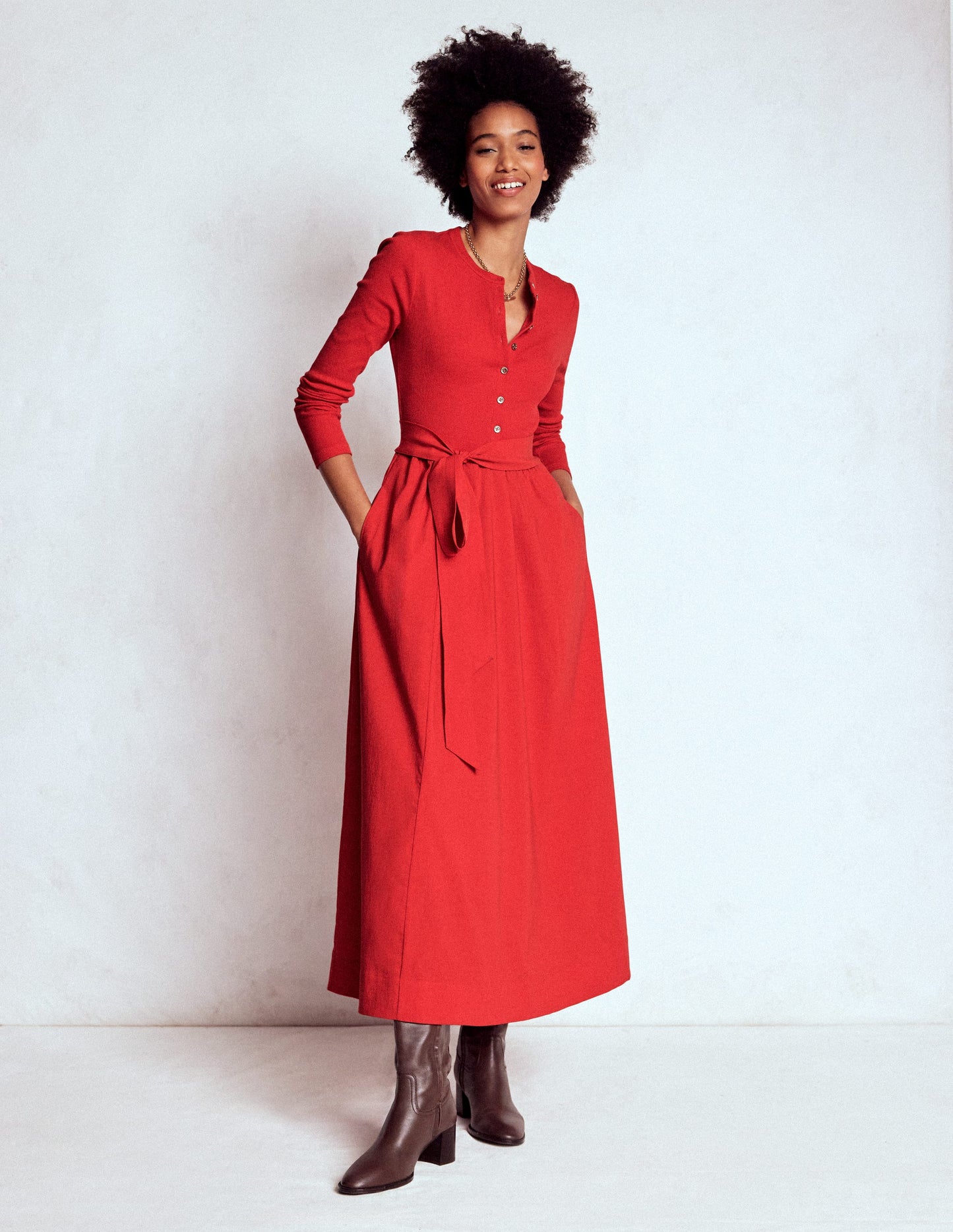 Kleid aus Rippstrick-Mix mit Knopfleiste-Purpurrot