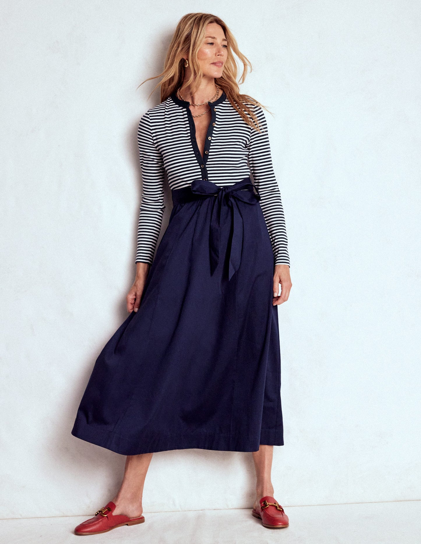Kleid aus Rippstrick-Mix mit Knopfleiste-Dunkelblau/Streifen