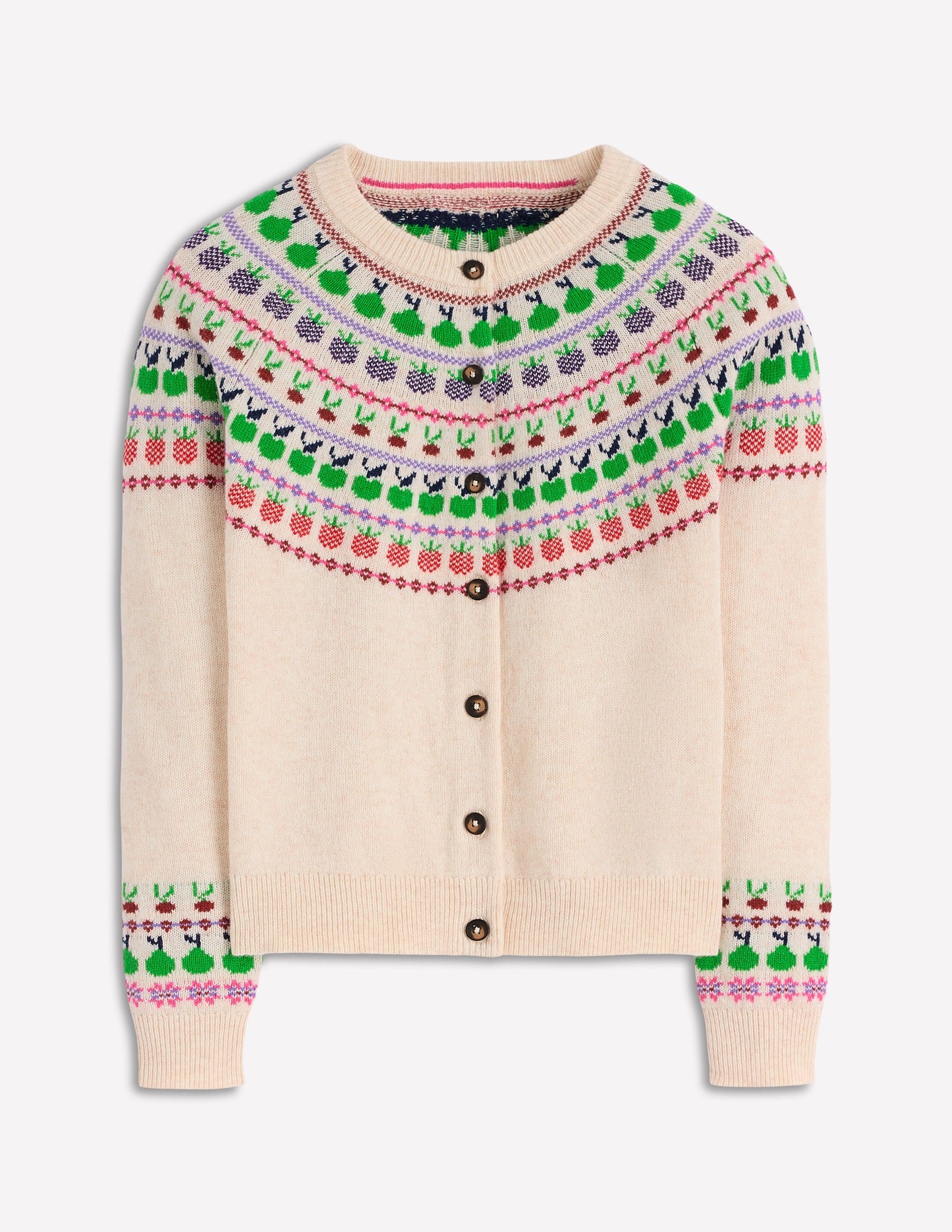 Edie Fair-Isle-Strickjacke-Beige Meliert, Obst