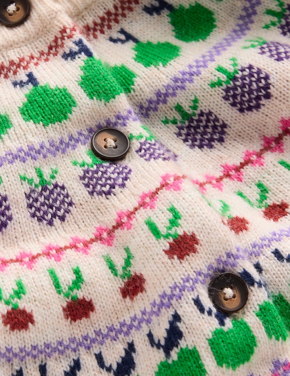 Edie Fair-Isle-Strickjacke-Beige Meliert, Obst