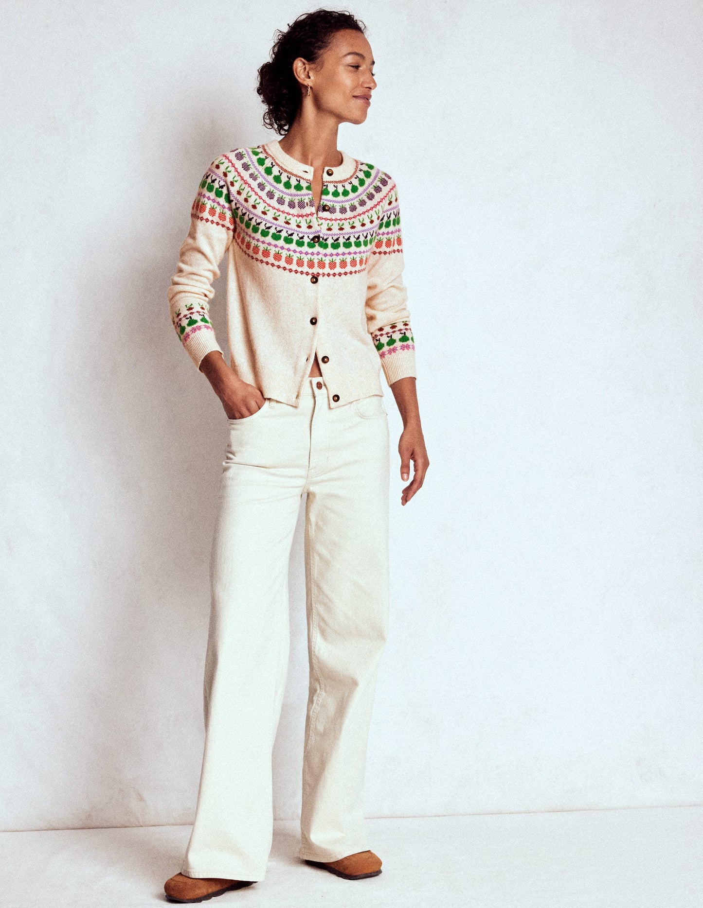Edie Fair-Isle-Strickjacke-Beige Meliert, Obst