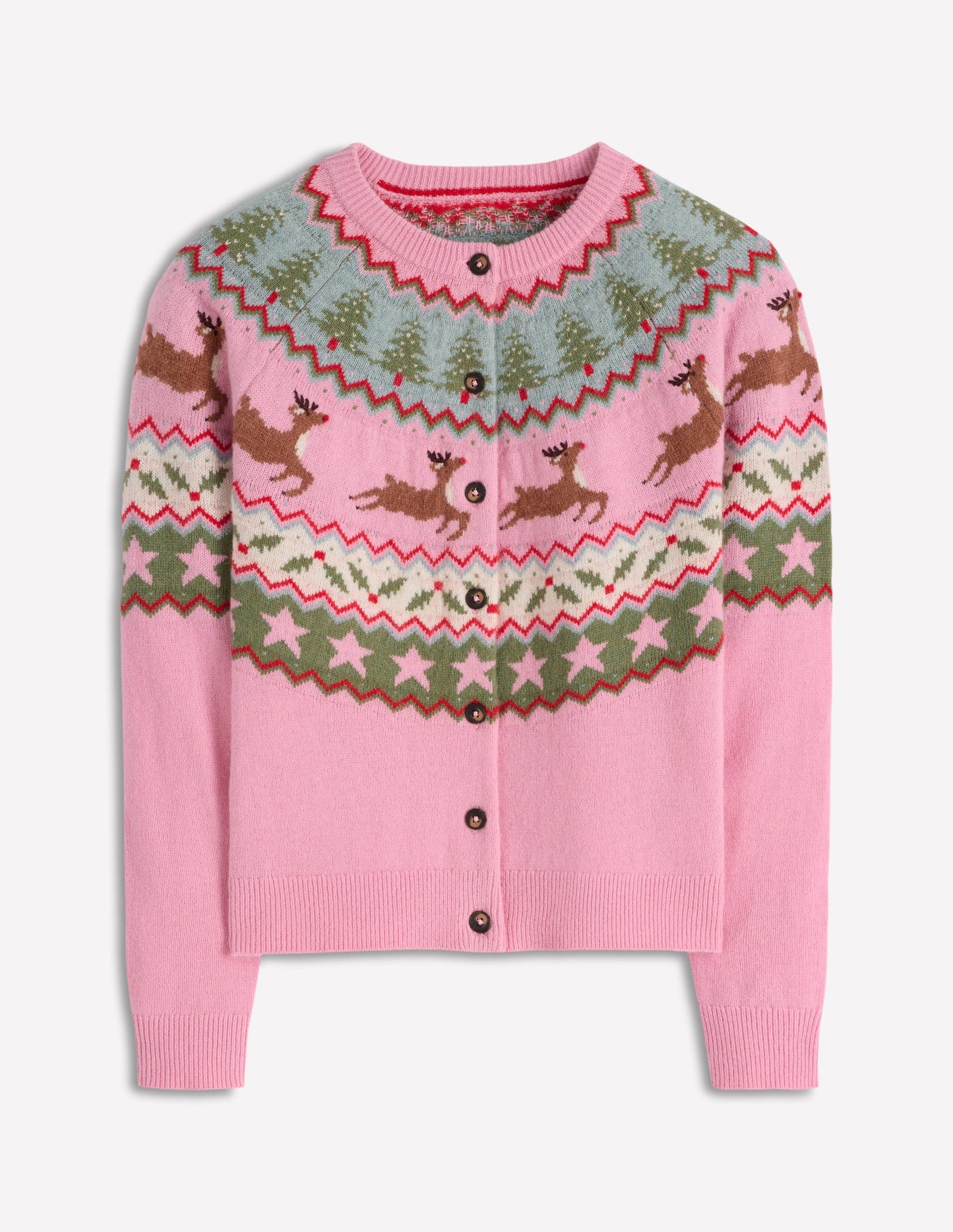 Edie Fair-Isle-Strickjacke-Rosa, Rentier