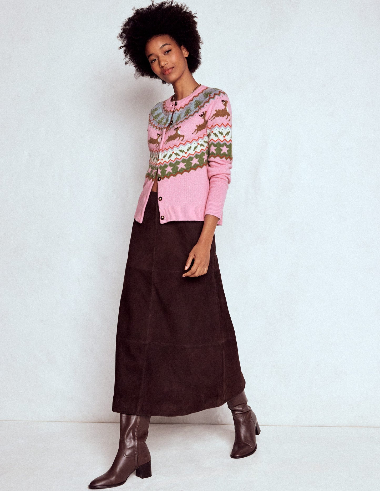 Edie Fair-Isle-Strickjacke-Rosa, Rentier