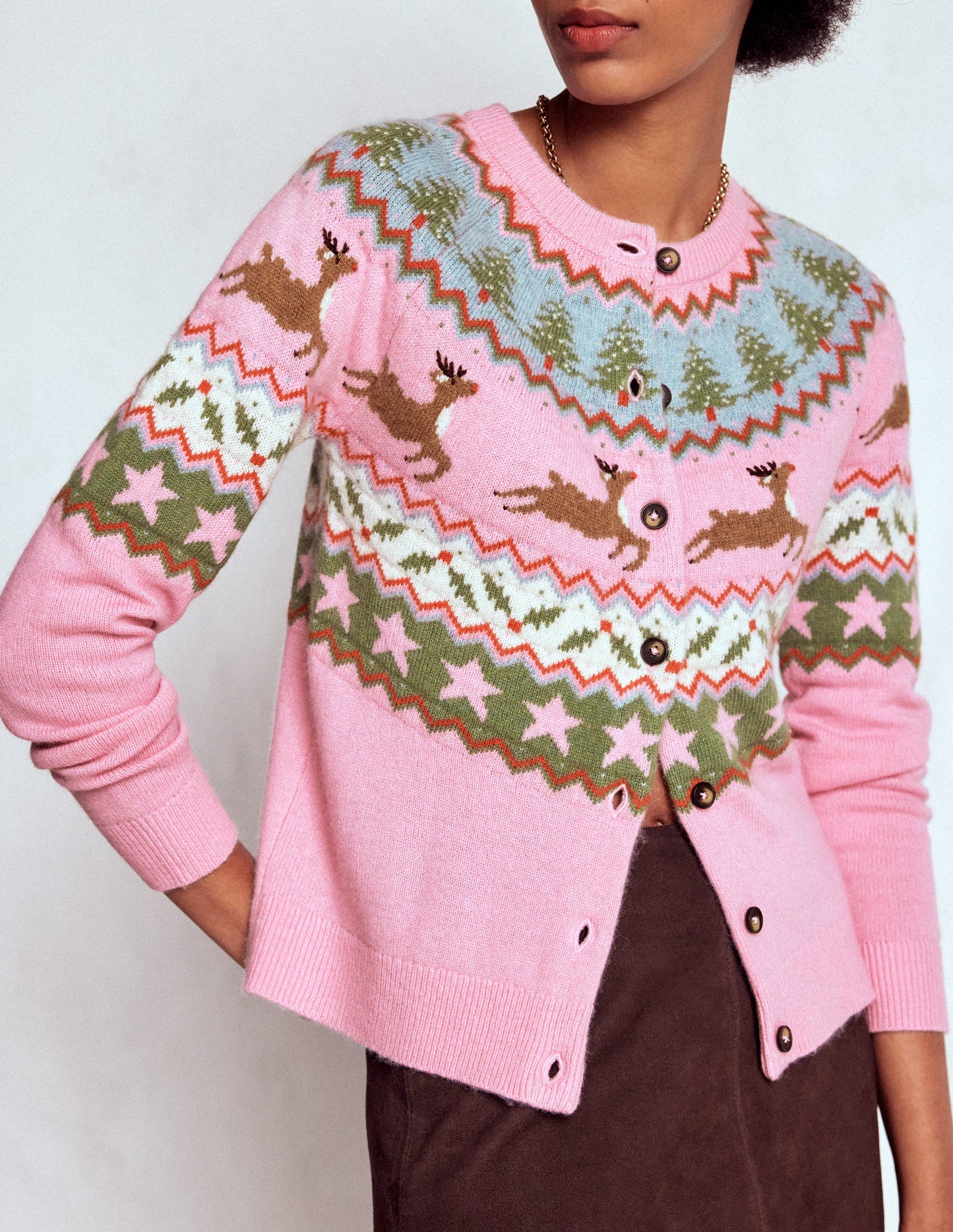 Edie Fair-Isle-Strickjacke-Rosa, Rentier