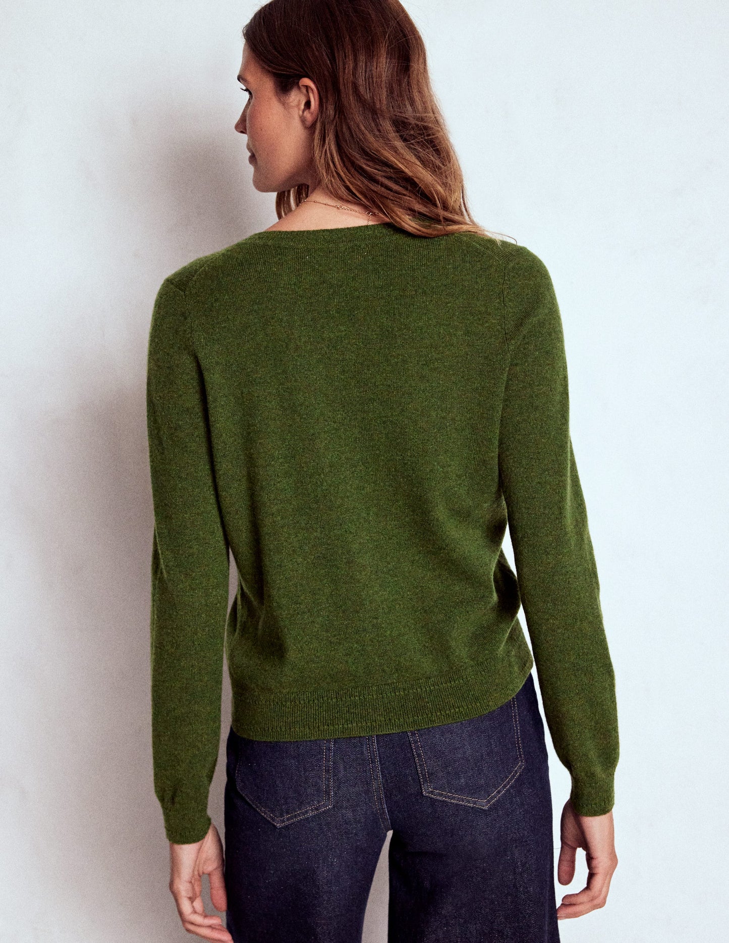 Eva Kaschmir-Strickjacke mit Rundhalsausschnitt-Blattgrün Meliert