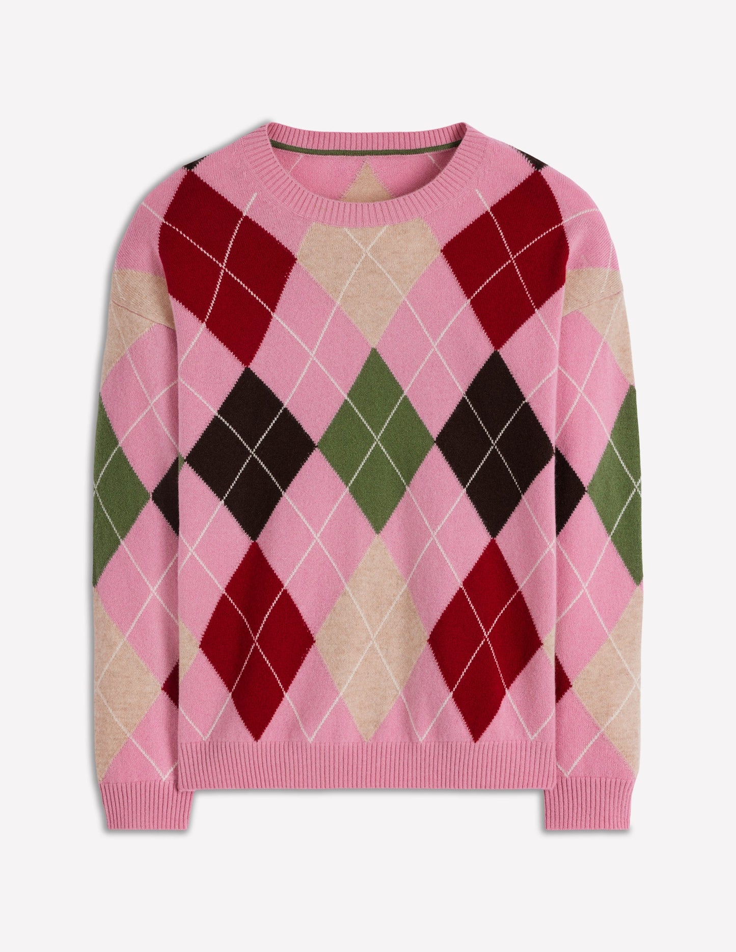 Lydia Kaschmirpullover-Rosa, Braun und Grün, Argyle