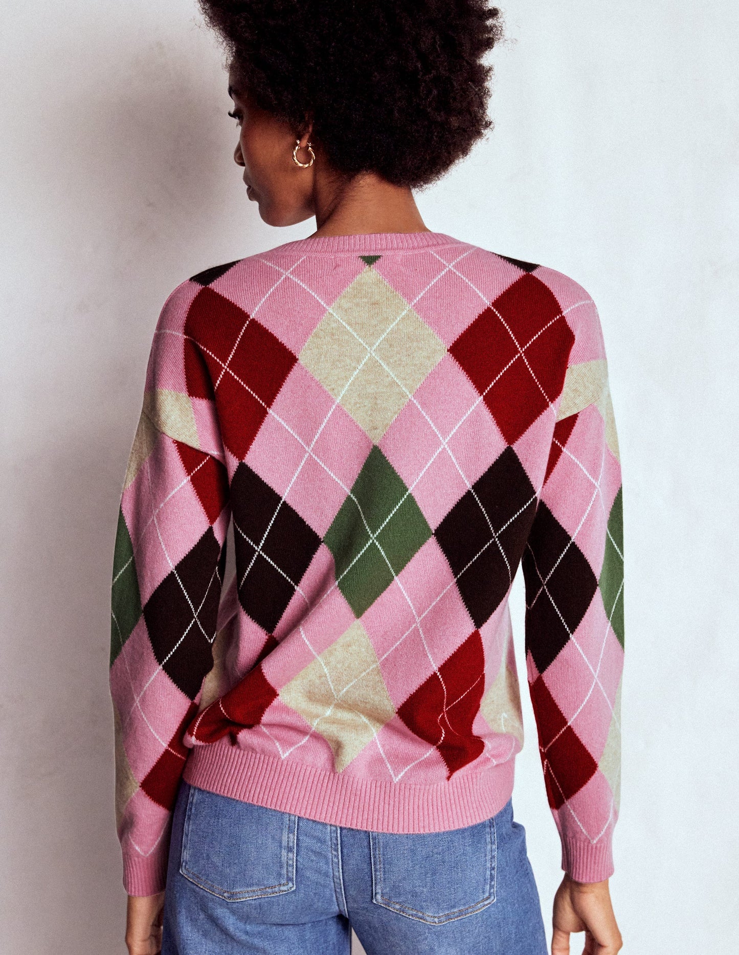 Lydia Kaschmirpullover-Rosa, Braun und Grün, Argyle