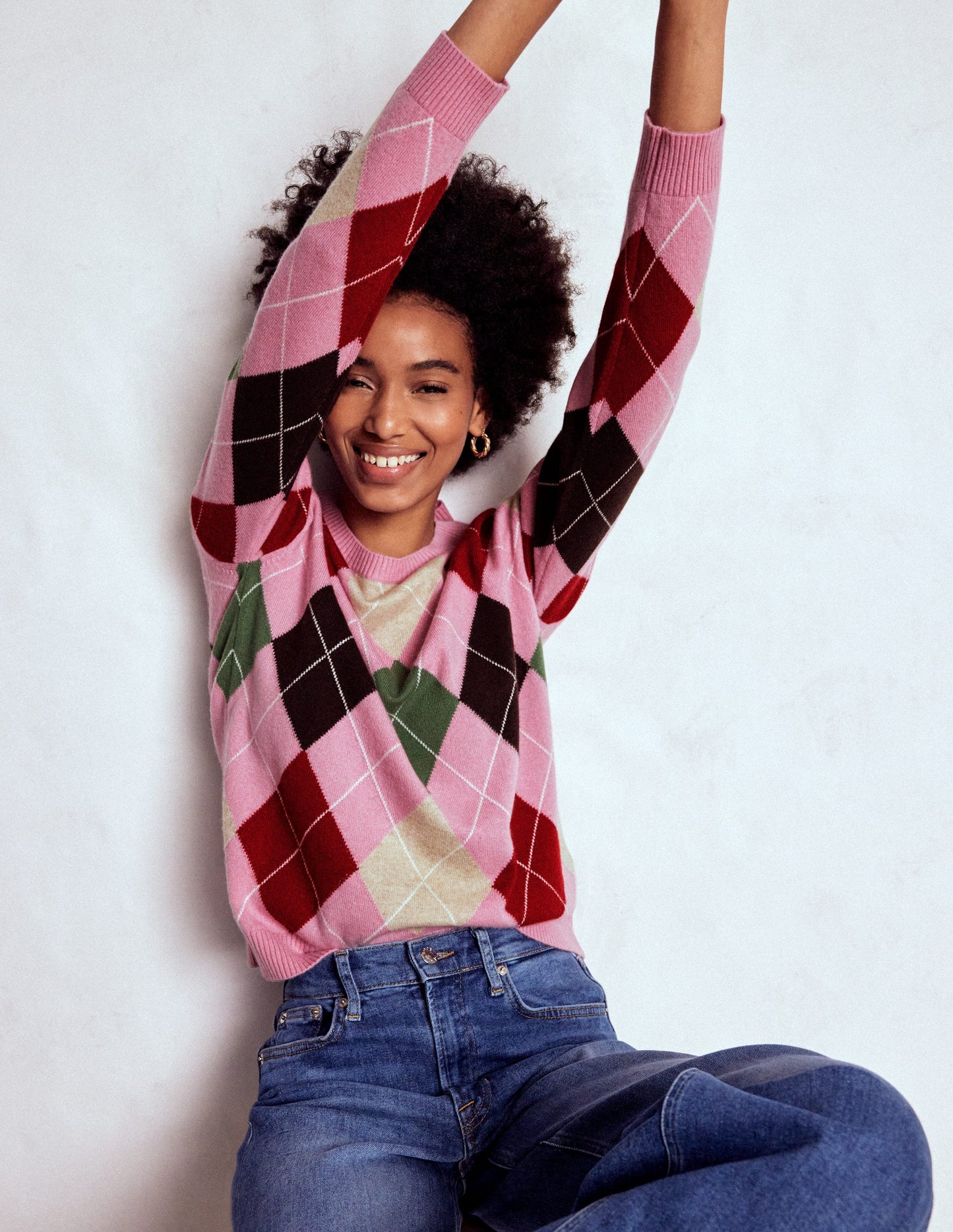 Lydia Kaschmirpullover-Rosa, Braun und Grün, Argyle