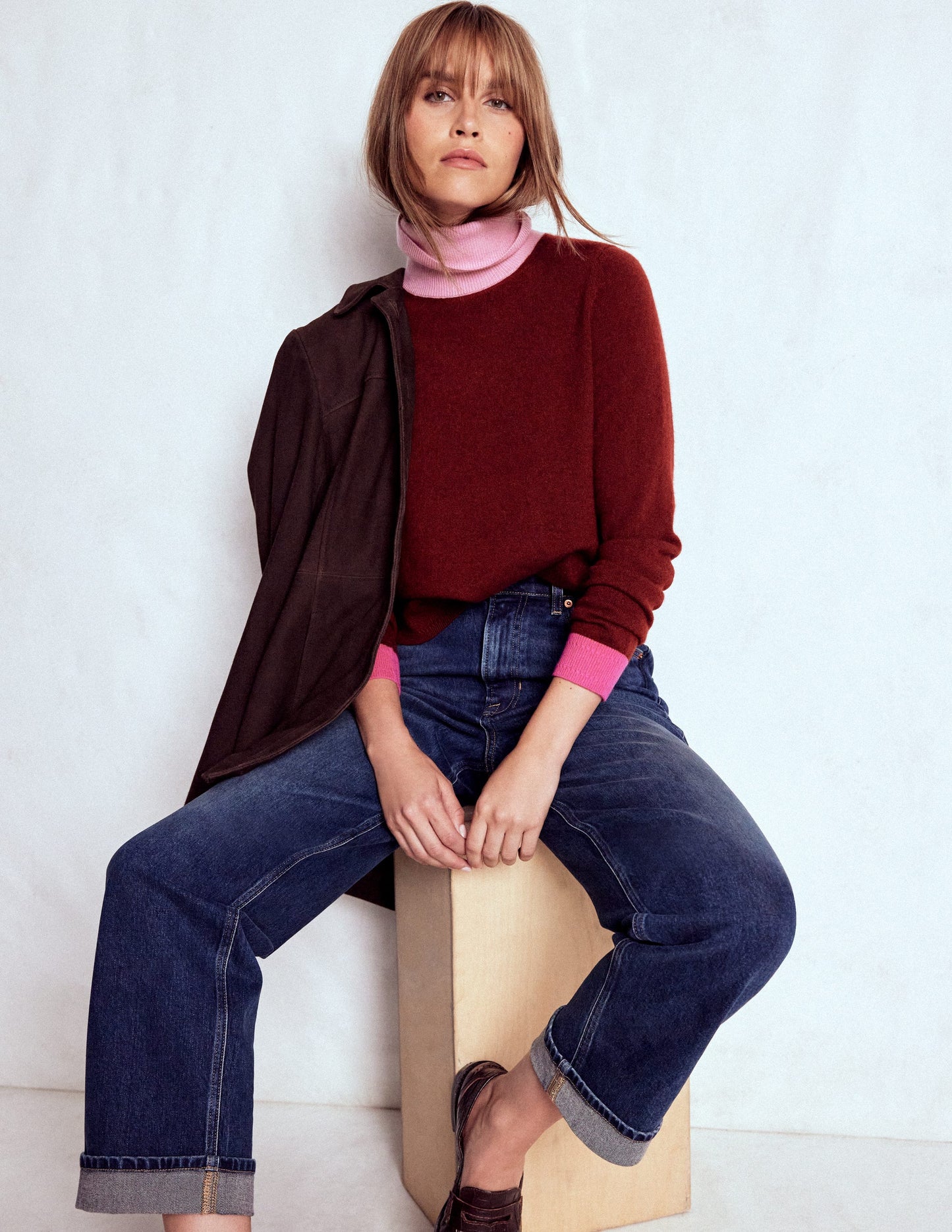 Eva Kaschmir-Rollkragenpullover-Kastanie, Blockfarben