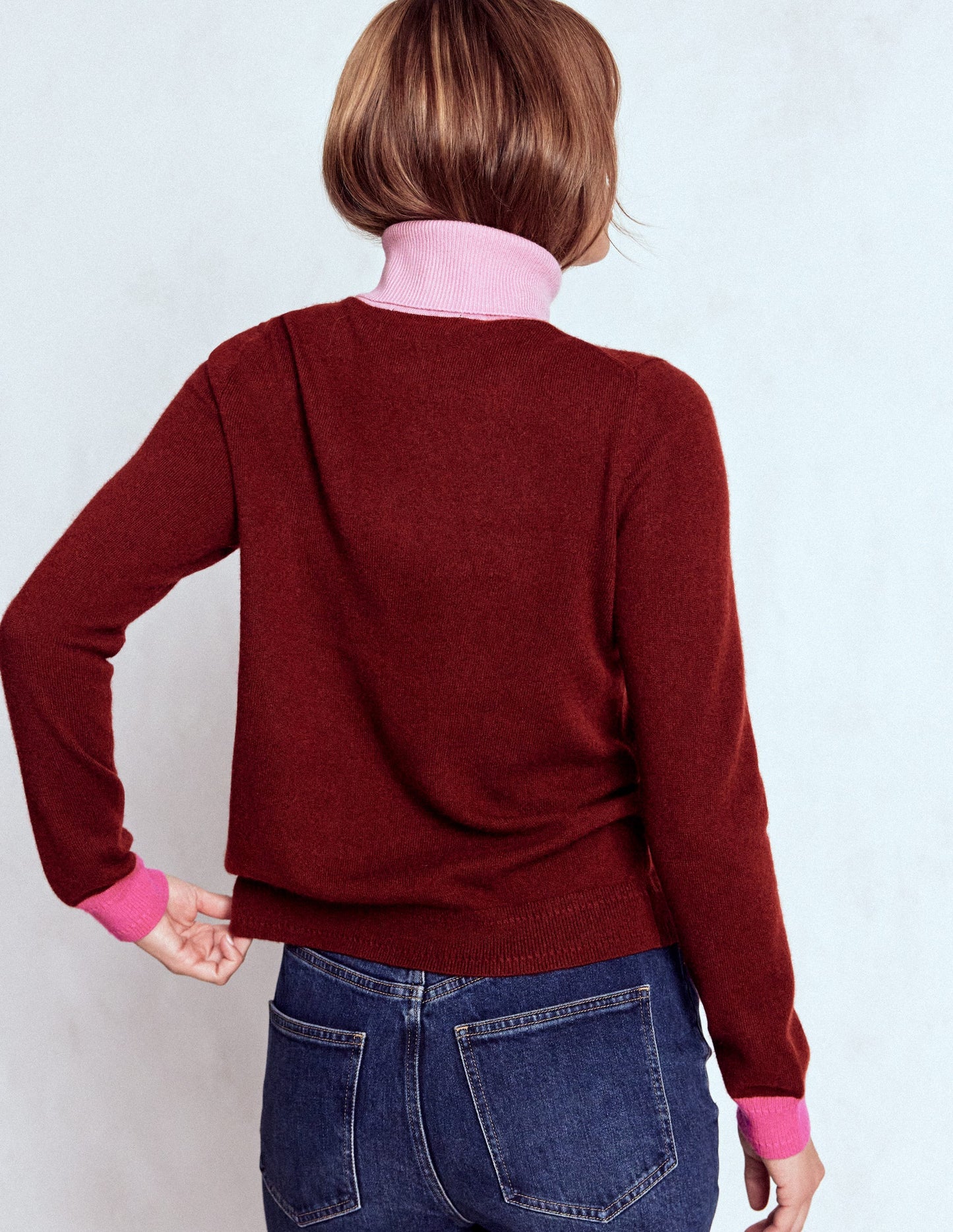 Eva Kaschmir-Rollkragenpullover-Kastanie, Blockfarben