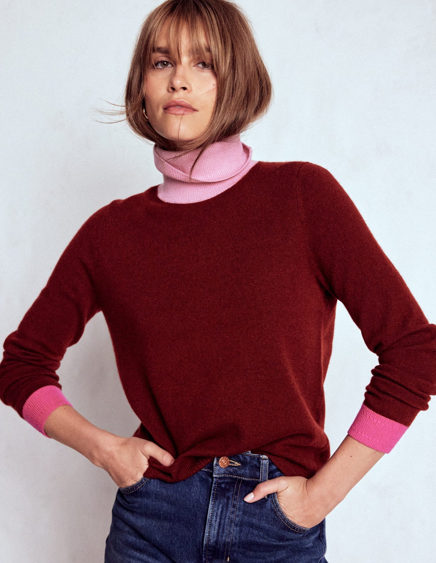 Eva Kaschmir-Rollkragenpullover-Kastanie, Blockfarben