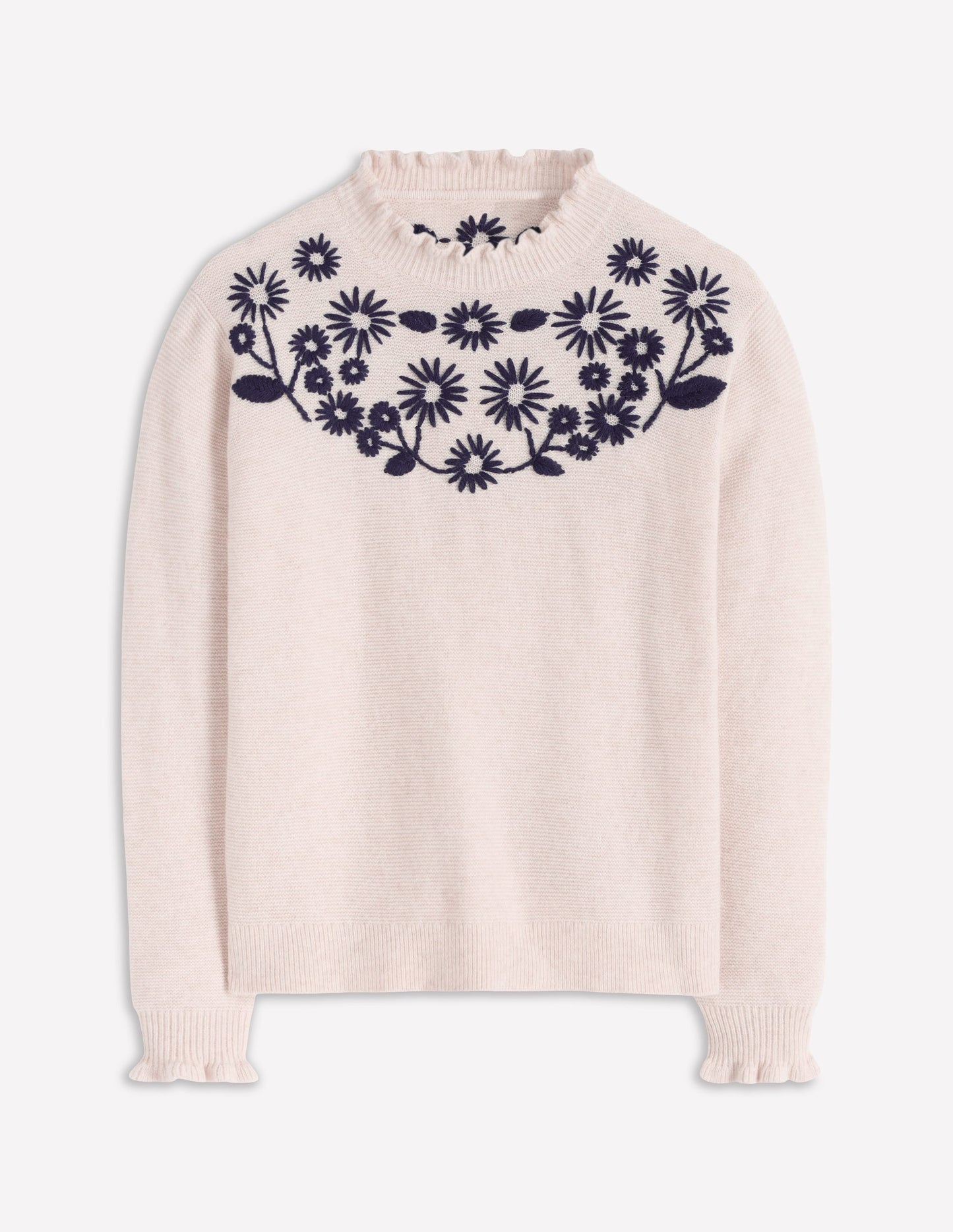 Bestickter Rüschenpullover-Warmes Naturweiß