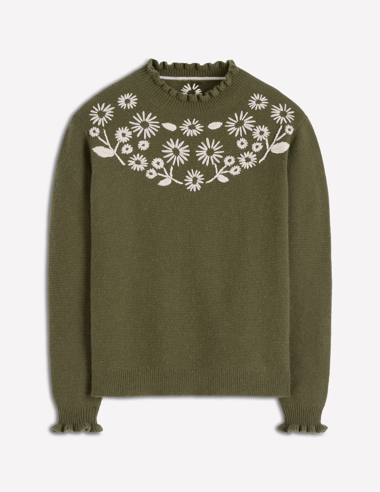 Bestickter Rüschenpullover-Waldgrün Melange