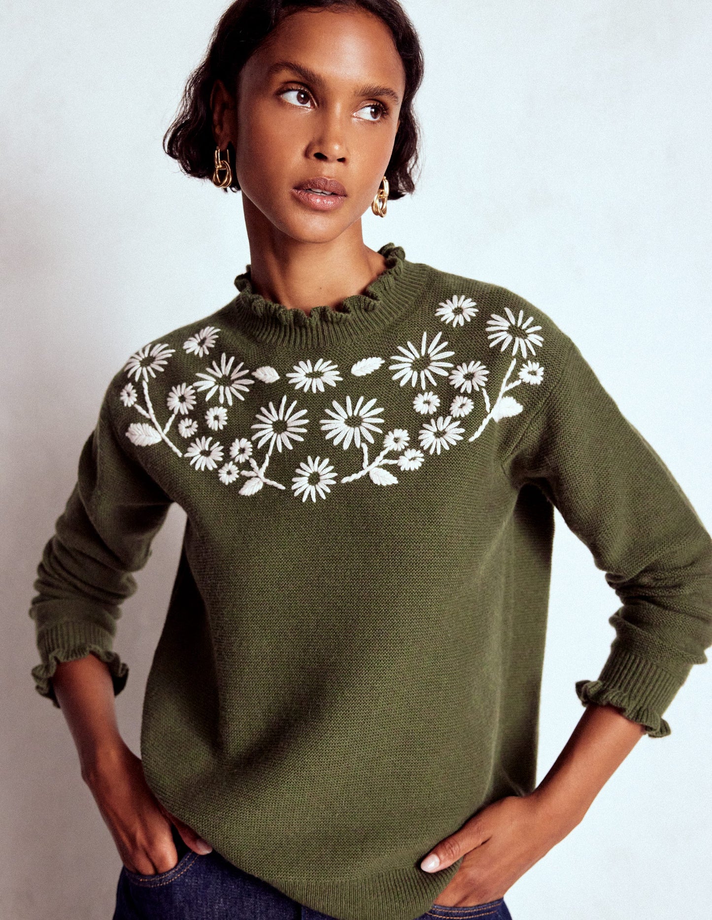 Bestickter Rüschenpullover-Waldgrün Melange