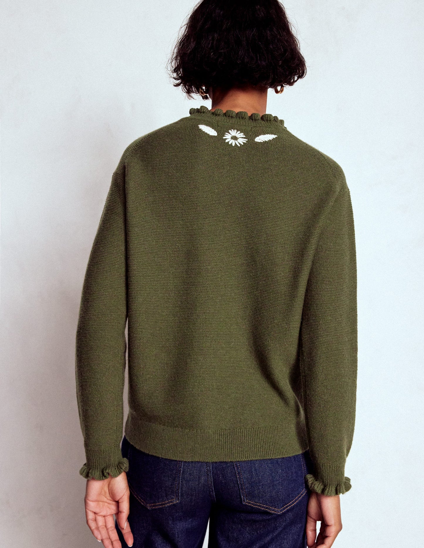 Bestickter Rüschenpullover-Waldgrün Melange