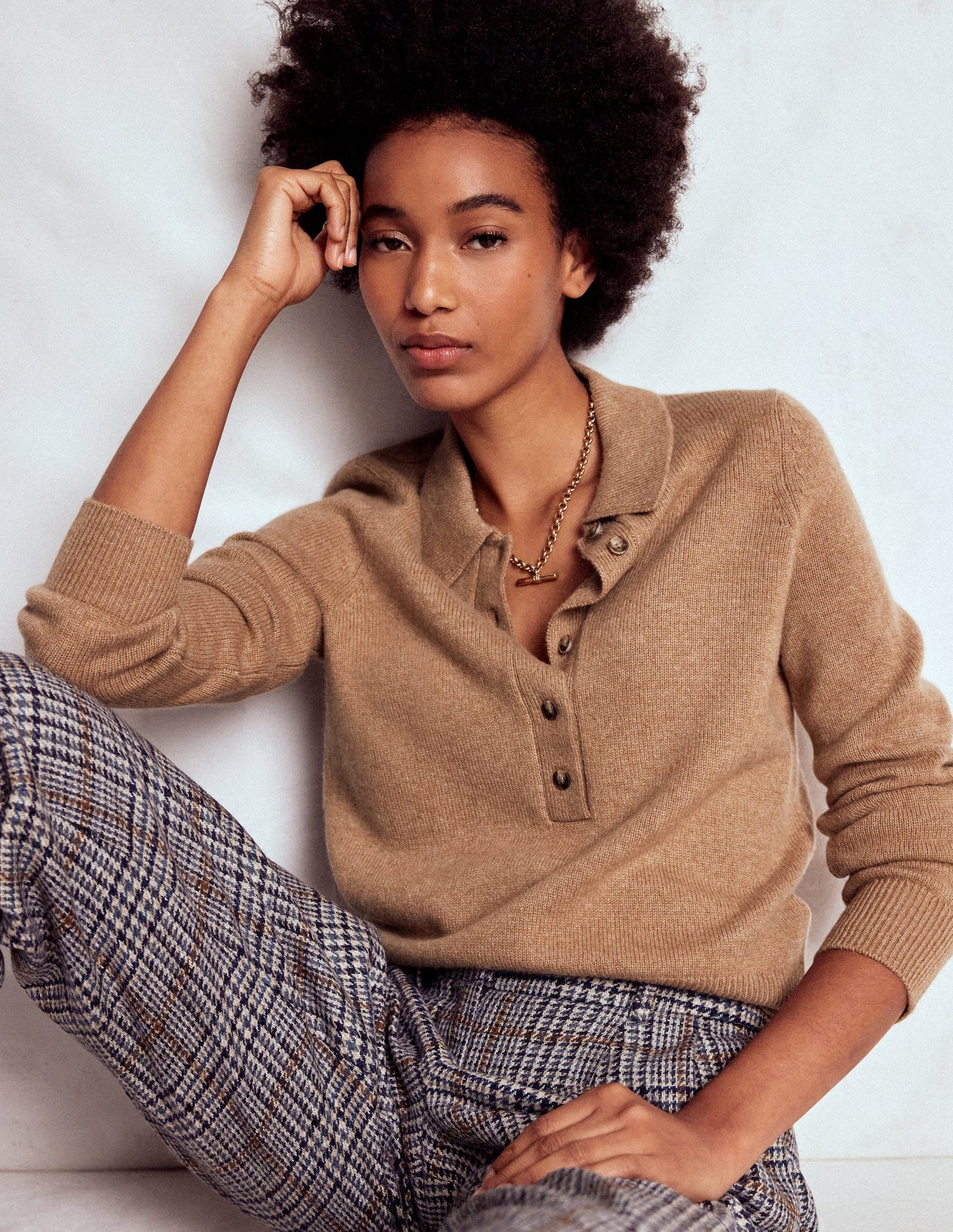 Kaschmirpullover mit Kragen-Camel Meliert