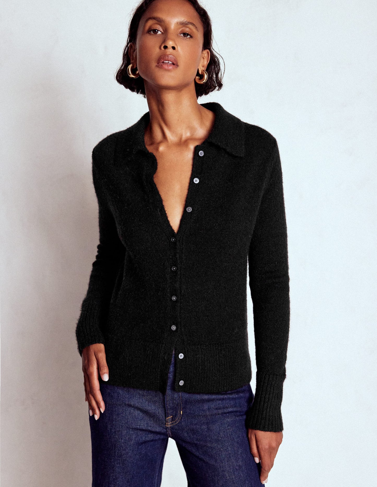 Strickjacke zum Binden mit Kragen-Schwarz