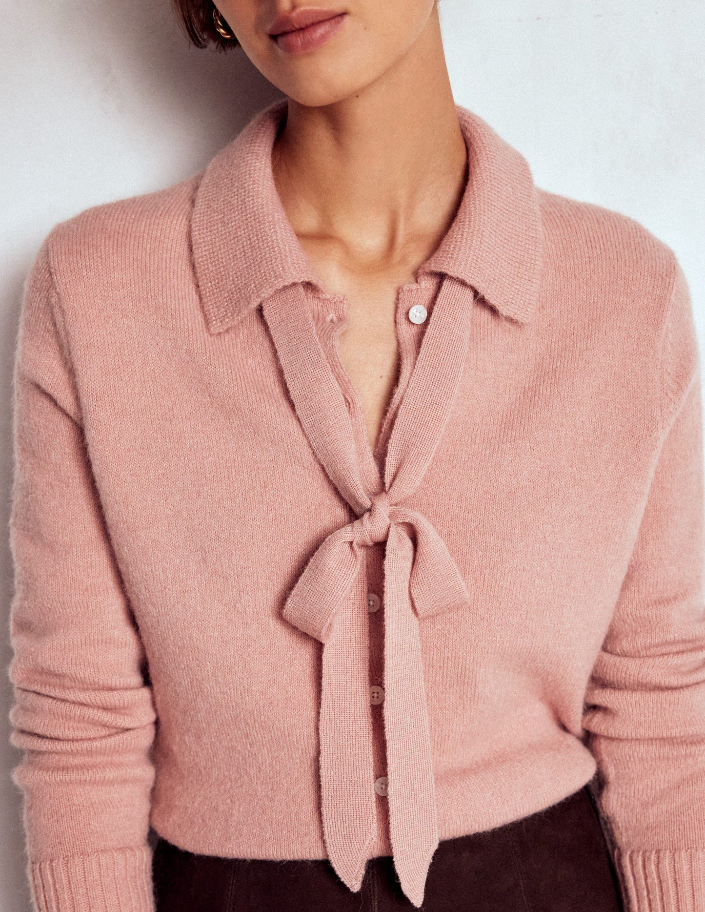 Strickjacke zum Binden mit Kragen-Gedecktes Zuckerwattenrosa