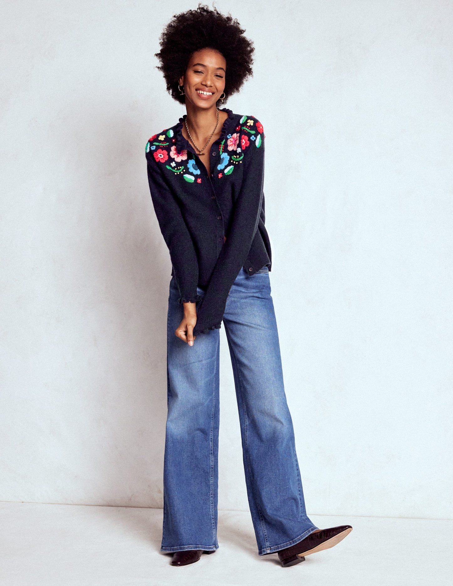 Embroidered Frill Cardigan-Navy