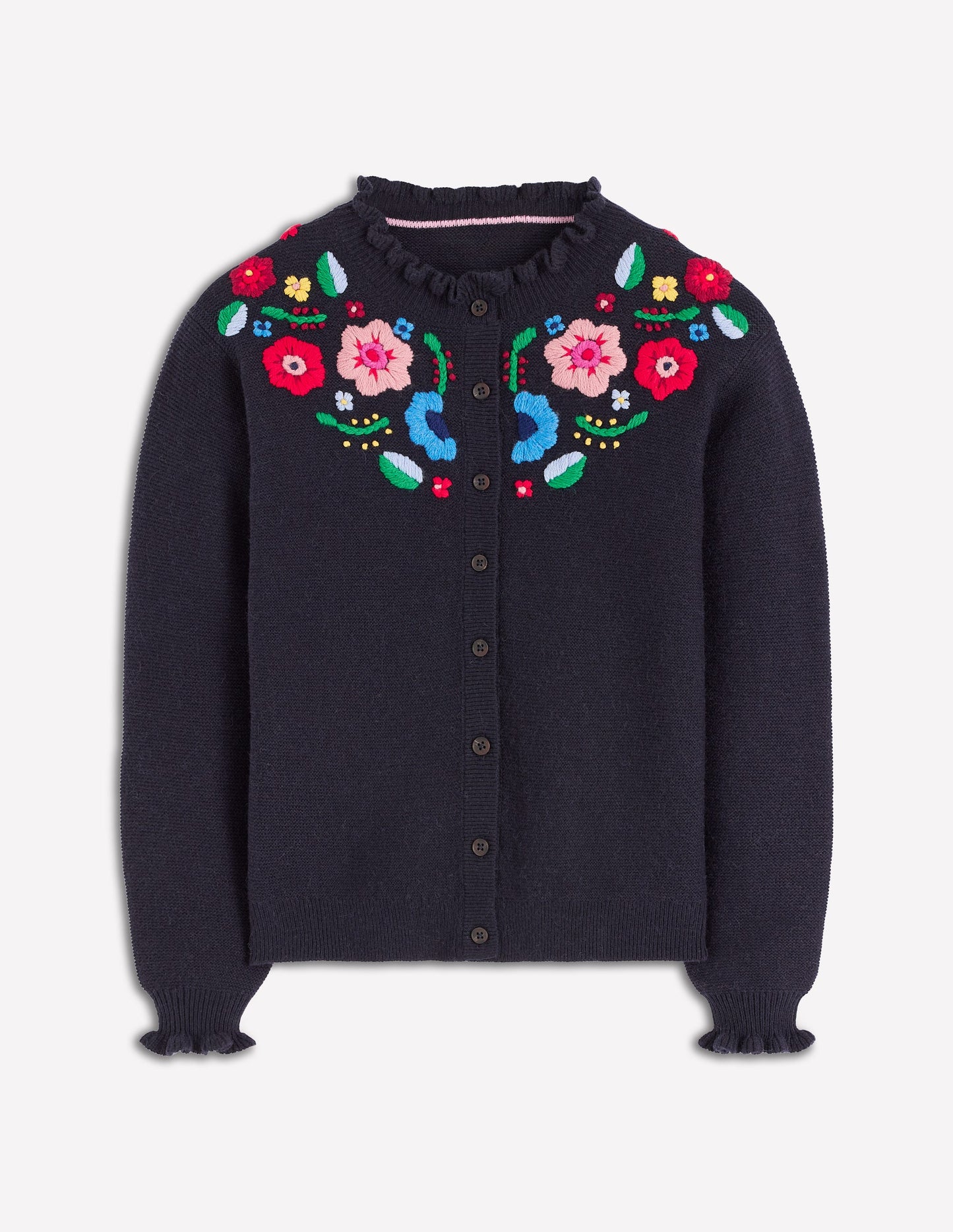 Embroidered Frill Cardigan-Navy