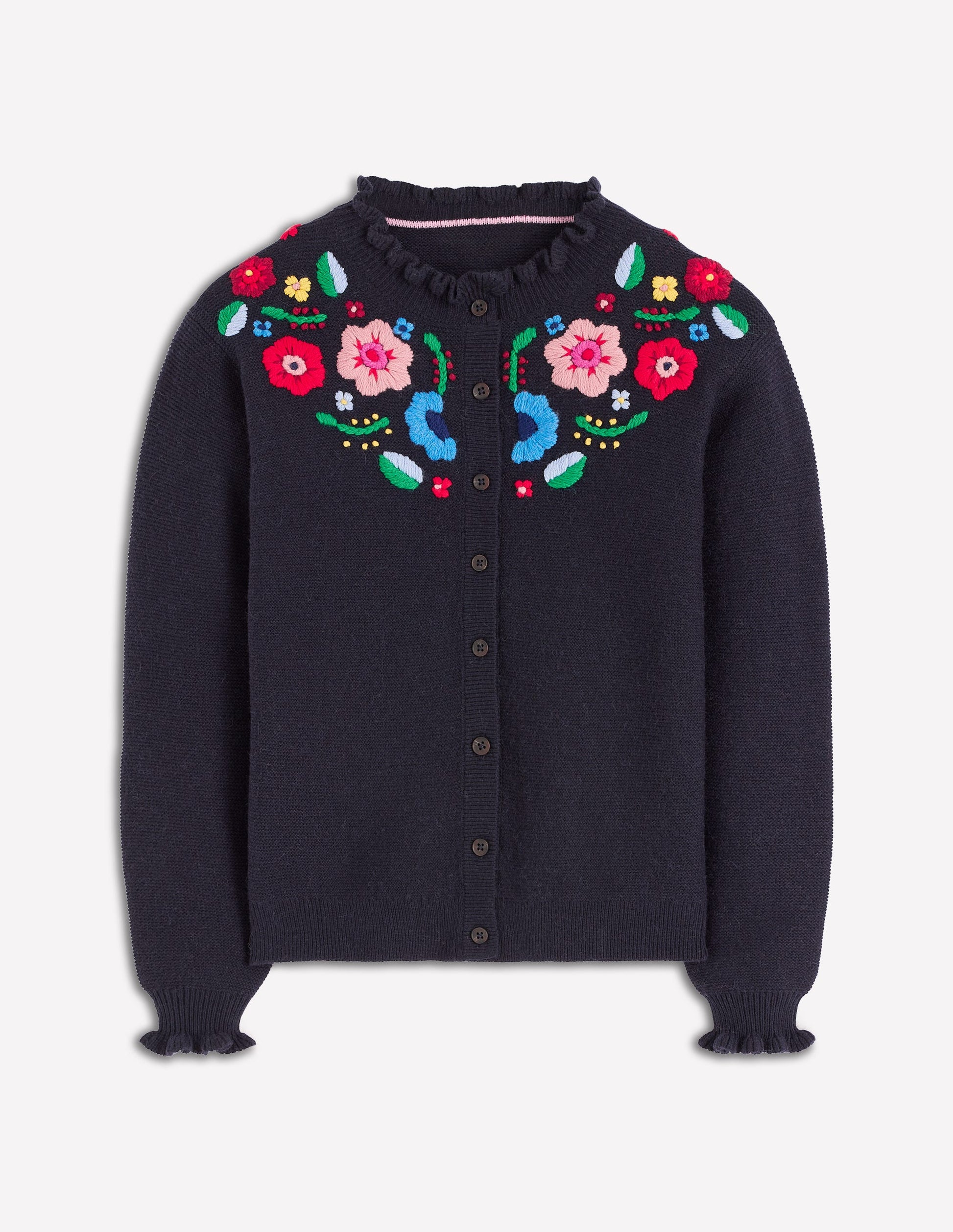 Embroidered Frill Cardigan-Navy-6